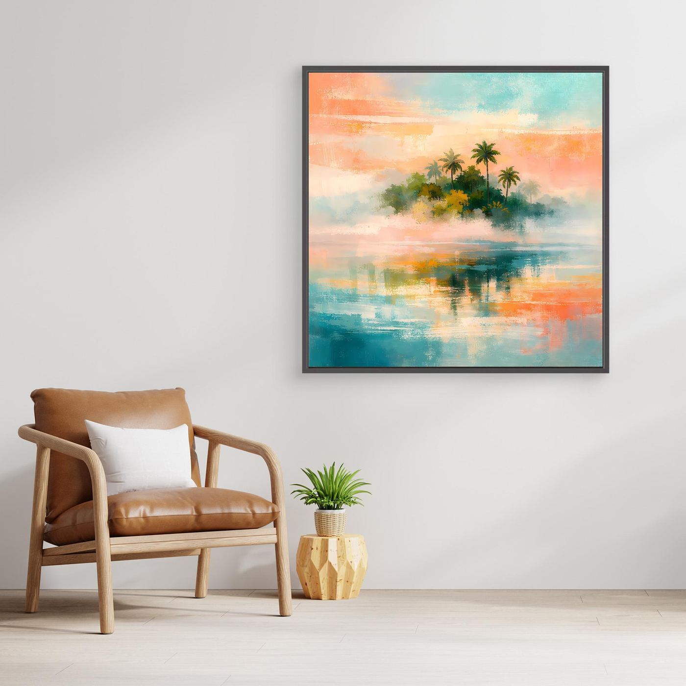 Wandbild mit abstraktem Tropenmotiv: Palmen und Meer, mit schwarzem Rahmen