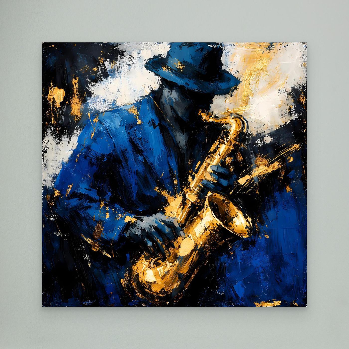 Leinwand Eleganter Jazz-Saxophonist in Blau und Gold | Abstraktes Musik Wandbild