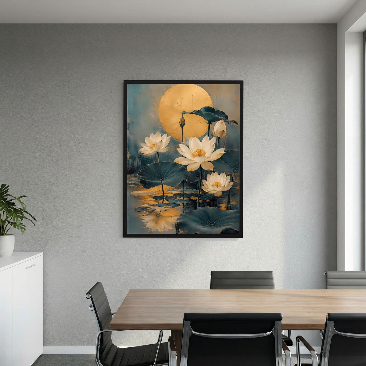 Wandposter mit goldenem Mond und weißen Lotusblüten, schwarz gerahmt