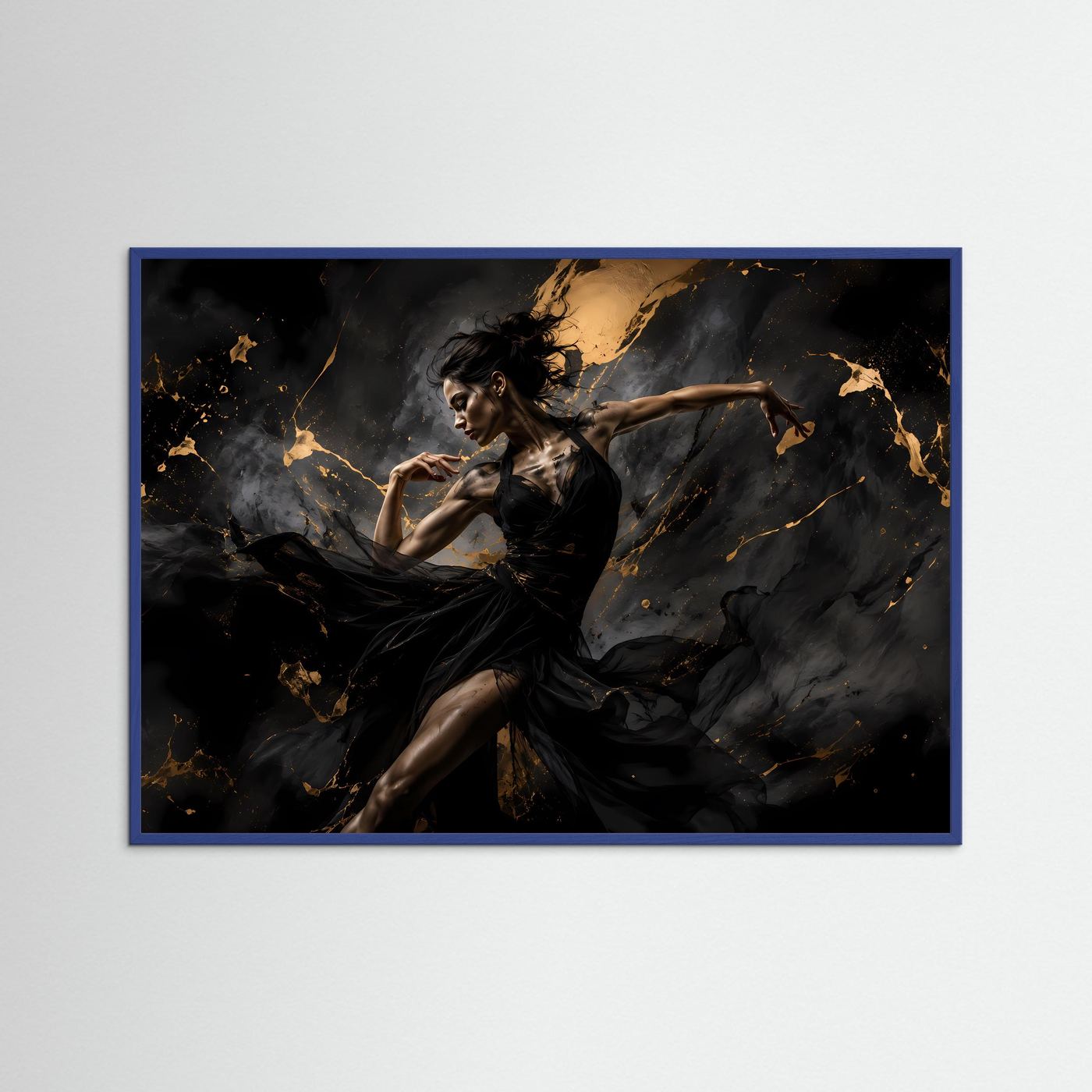 Elegante Tänzerin in Schwarz & Gold | Abstraktes Kunstposter im Querformat | Modernes Wandbild mit Goldakzenten