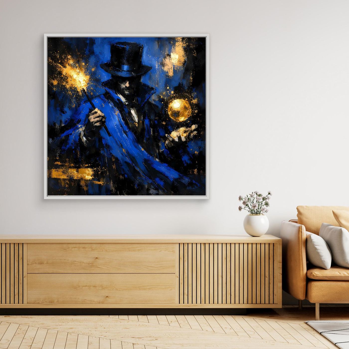 Leinwand Mystischer Magier in Blau und Gold | Abstraktes Fantasy Wandbild Moderne Kunst