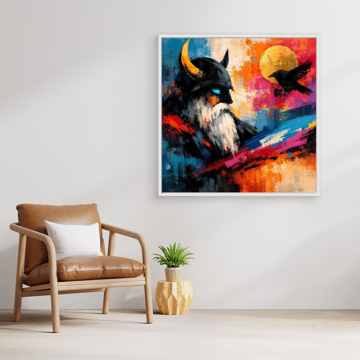 Abstraktes Leinwand-Wandbild von Odin mit Rabe, mit weißem Rahmen