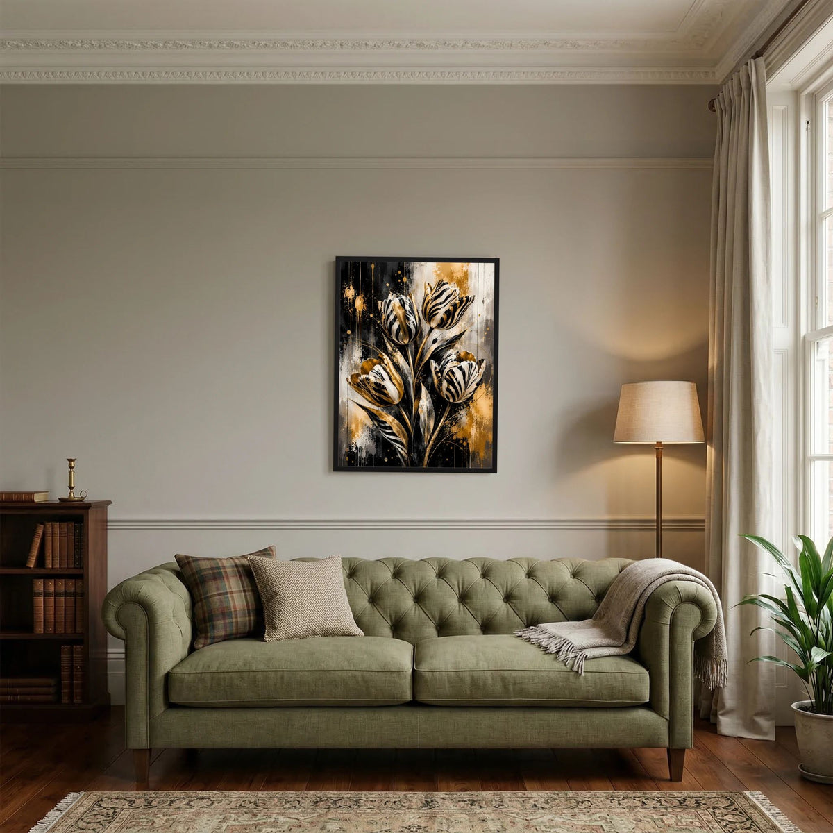 Gerahmtes Hochformat-Poster mit abstrakten Tulpen in Gold, Schwarz und Weiß, schwarzer Rahmen