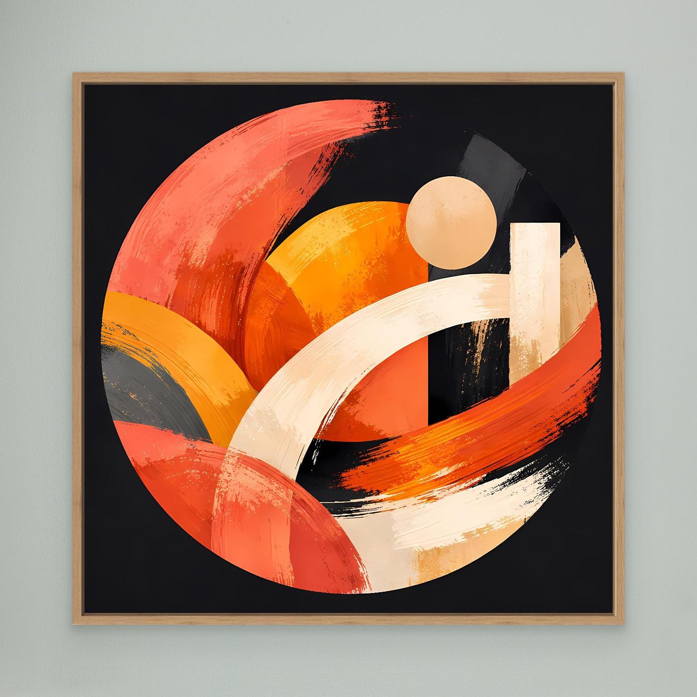 Leinwandbild mit geometrischem Kreis aus Pinselstrichen in Orange, Beige und Weiß, Holzrahmen Eiche