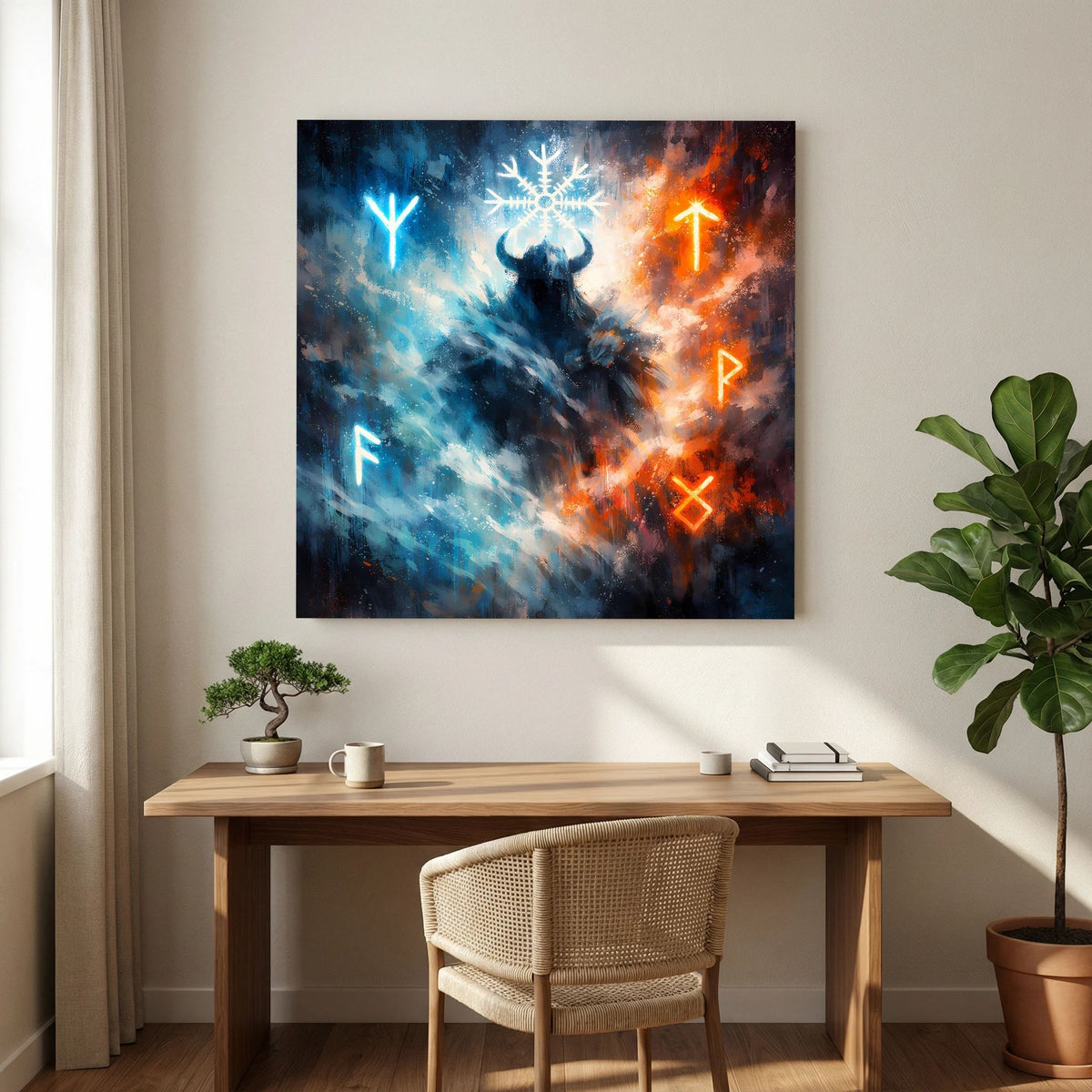Leinwandbild mit Wikingerkrieger-Motiv, Schneeflocke und Runen in Blau und Orange