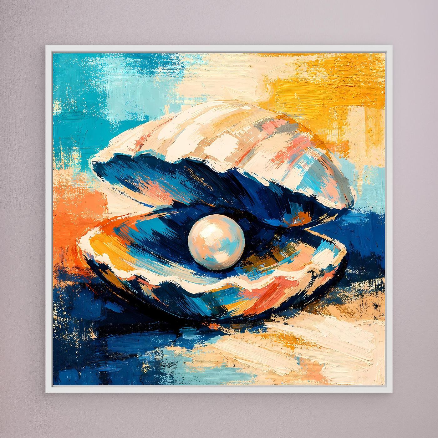 White-framed abstract canvas wall art of a seashell with pearl, navy, blue, and orange tones.