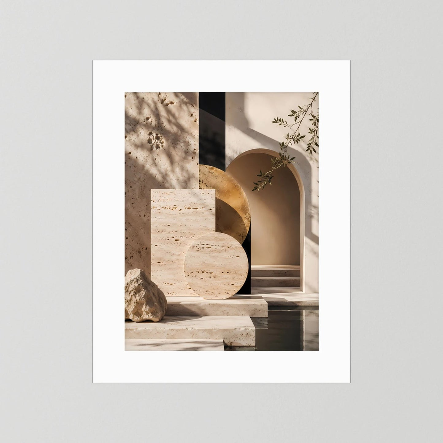 Kunstposter im Hochformat mit beige-goldener Architektur, weißer Rand
