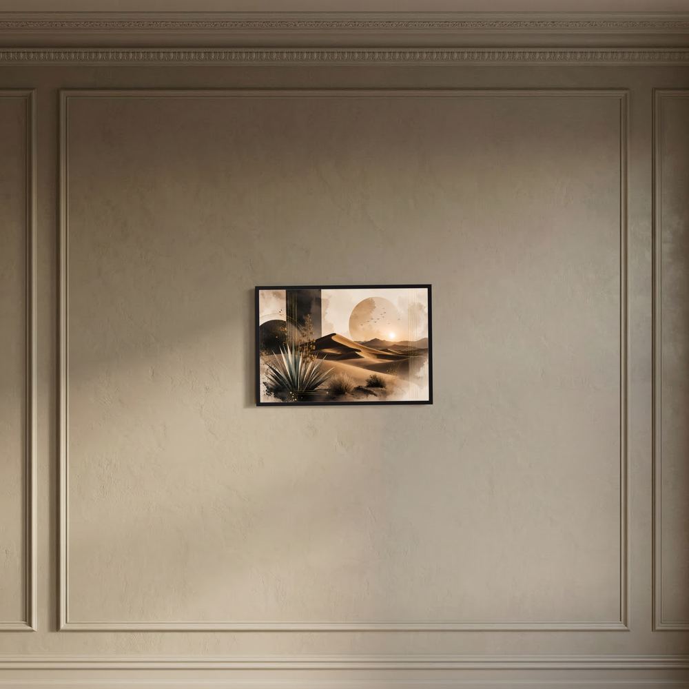 Wandposter im schwarzen Rahmen mit abstrakten Sanddünen, Palmen und goldenem Sonnenuntergang