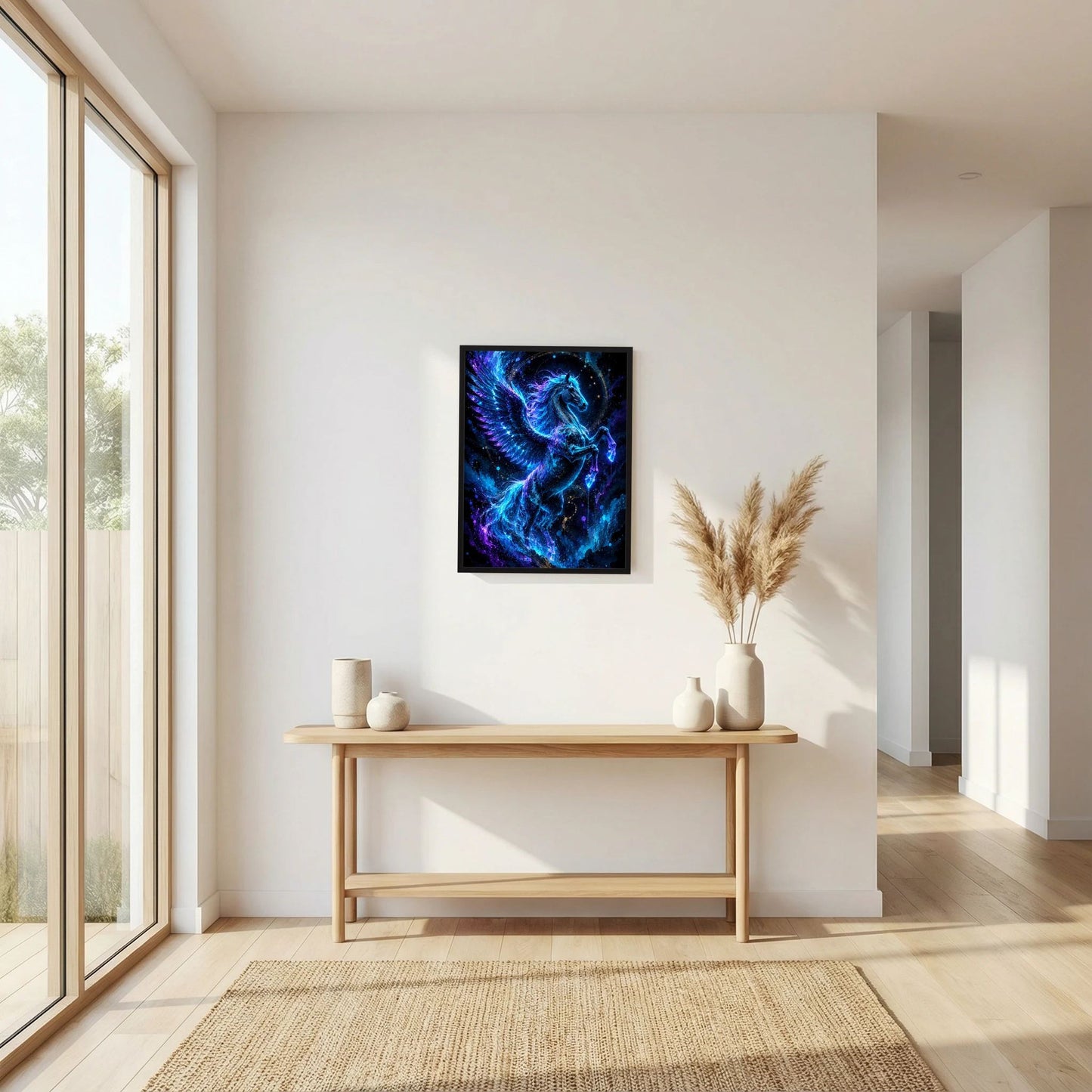 Quadratisches Poster mit Pegasus in Neonblau, schwarzer Rahmen
