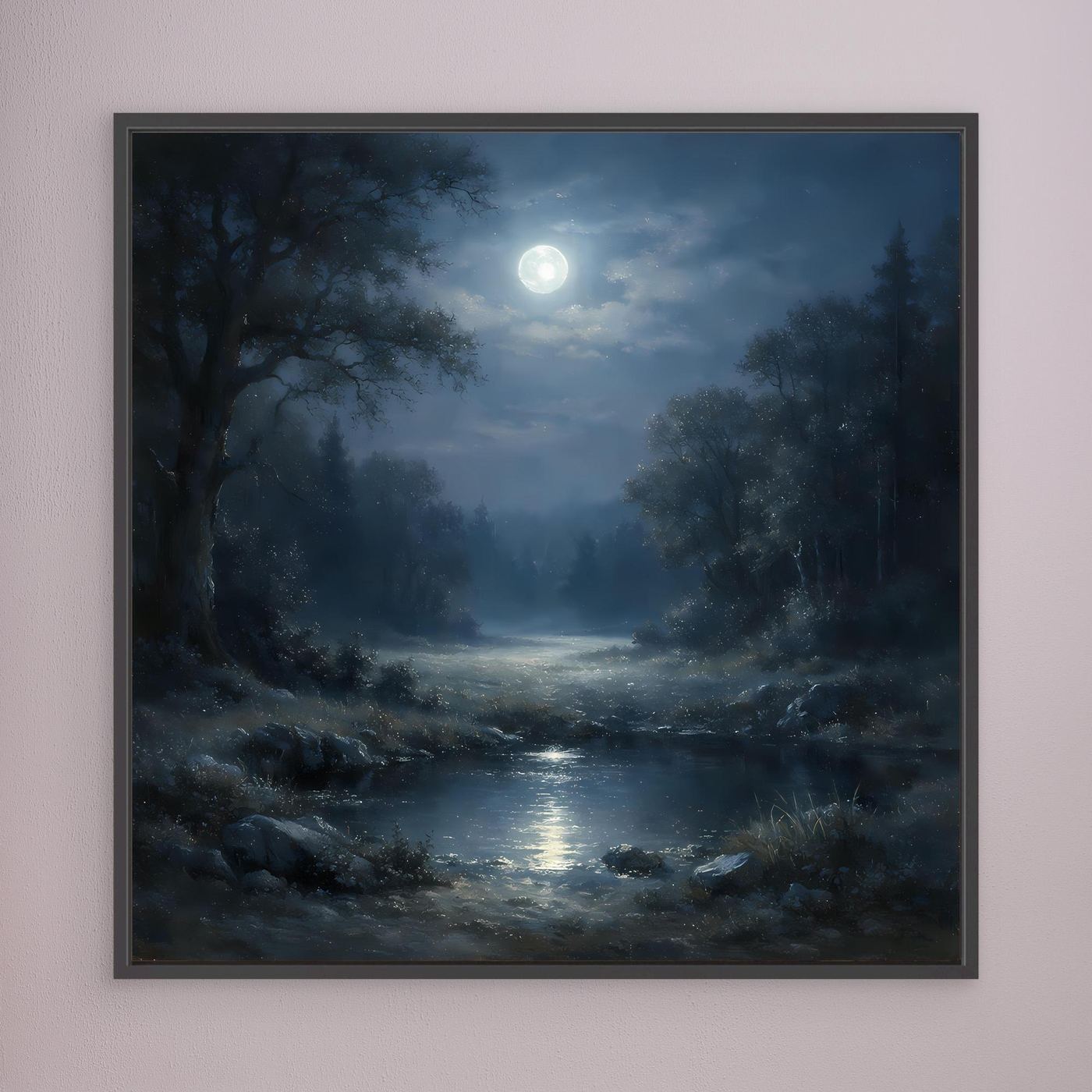 Gerahmtes Leinwandbild: Wald im Mondschein mit leuchtendem Mond, Fluss im Vordergrund, schwarzer Rahmen