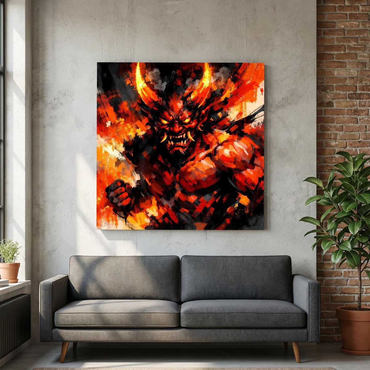 Leinwand-Wandbild mit feurigem Oni-Dämon, orange Glut hinter schwarzem Kopf, kraftvolle Fäuste
