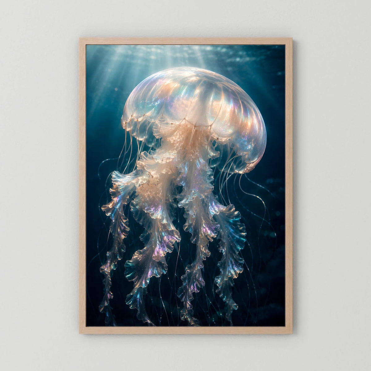 Gerahmtes Kunstposter im Hochformat mit leuchtender Qualle