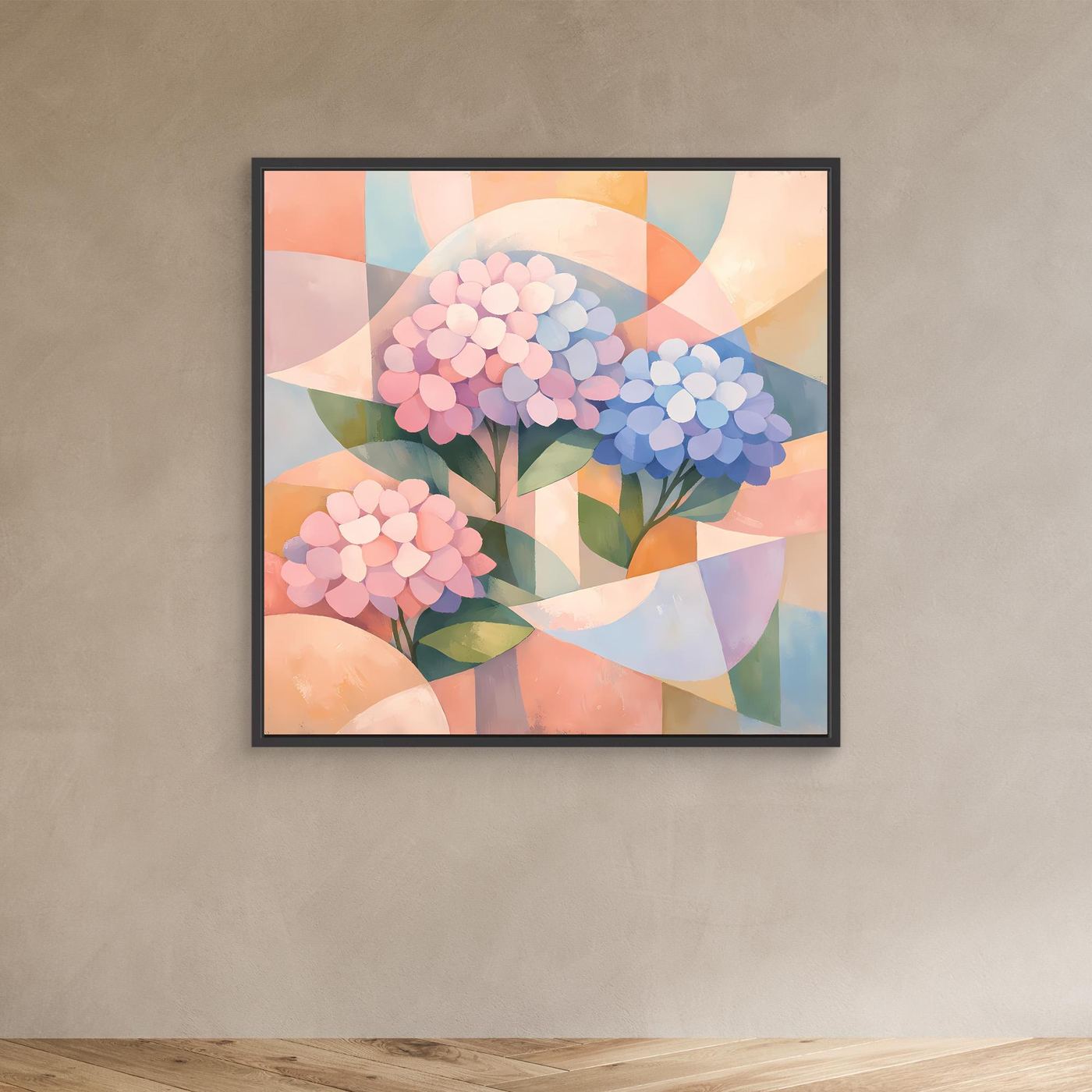 Leinwandbild mit geometrischen Hortensien in Pastellfarben, schwarzer Rahmen