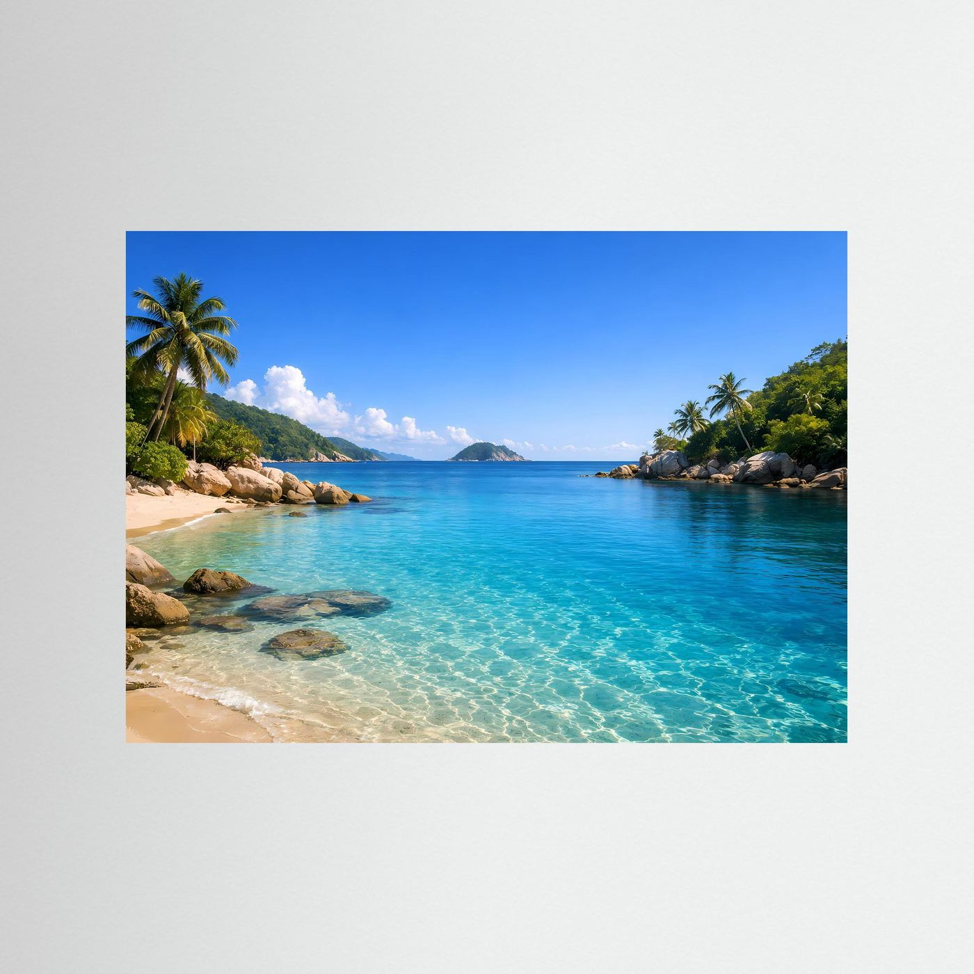 Strand- und Inselposter im Querformat: tropischer Strand, türkisblaues Meer, Palmen; blaue Umrandung
