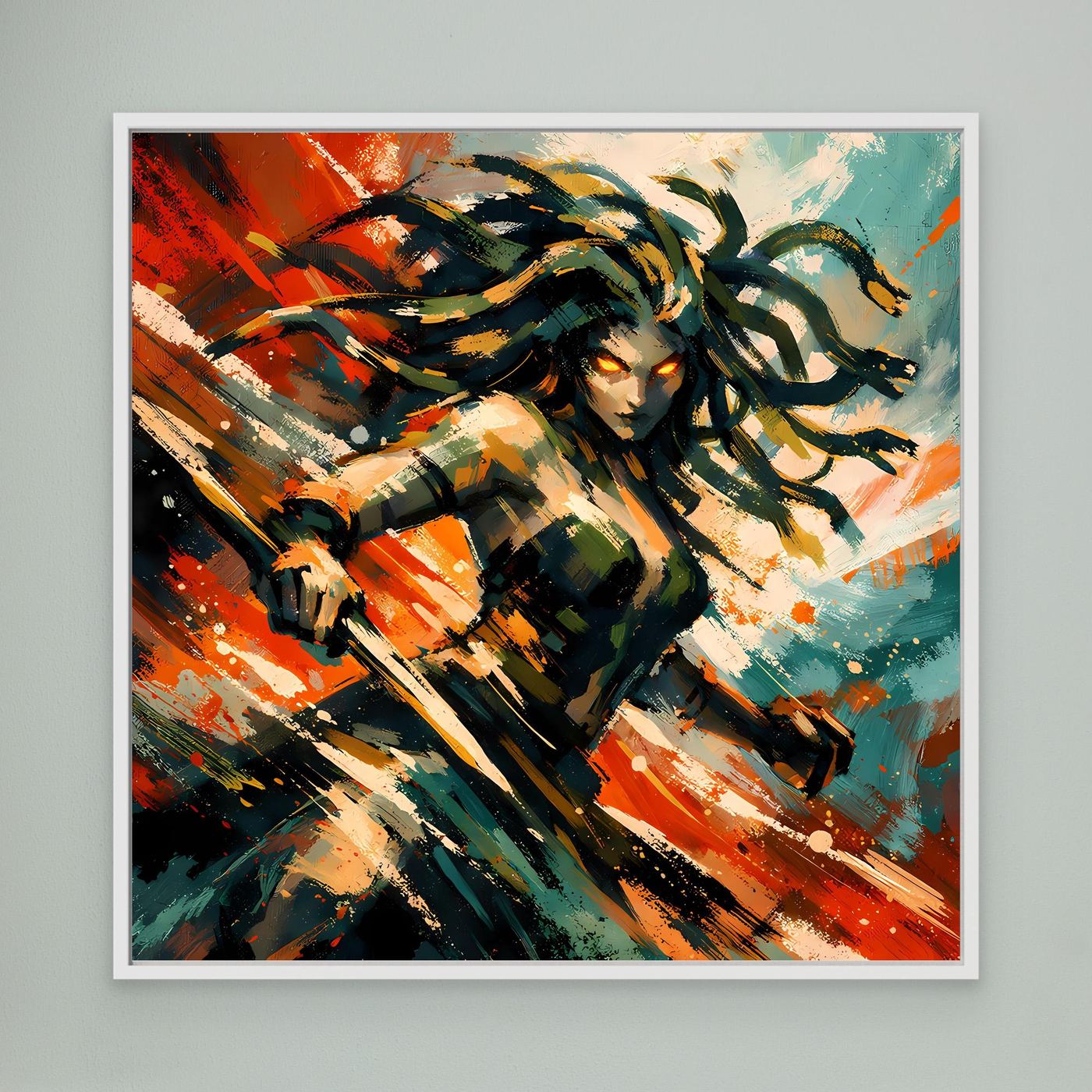 Leinwand Mythische Medusa im Action-Stil | Dynamisches Wandbild auf echter Leinwand