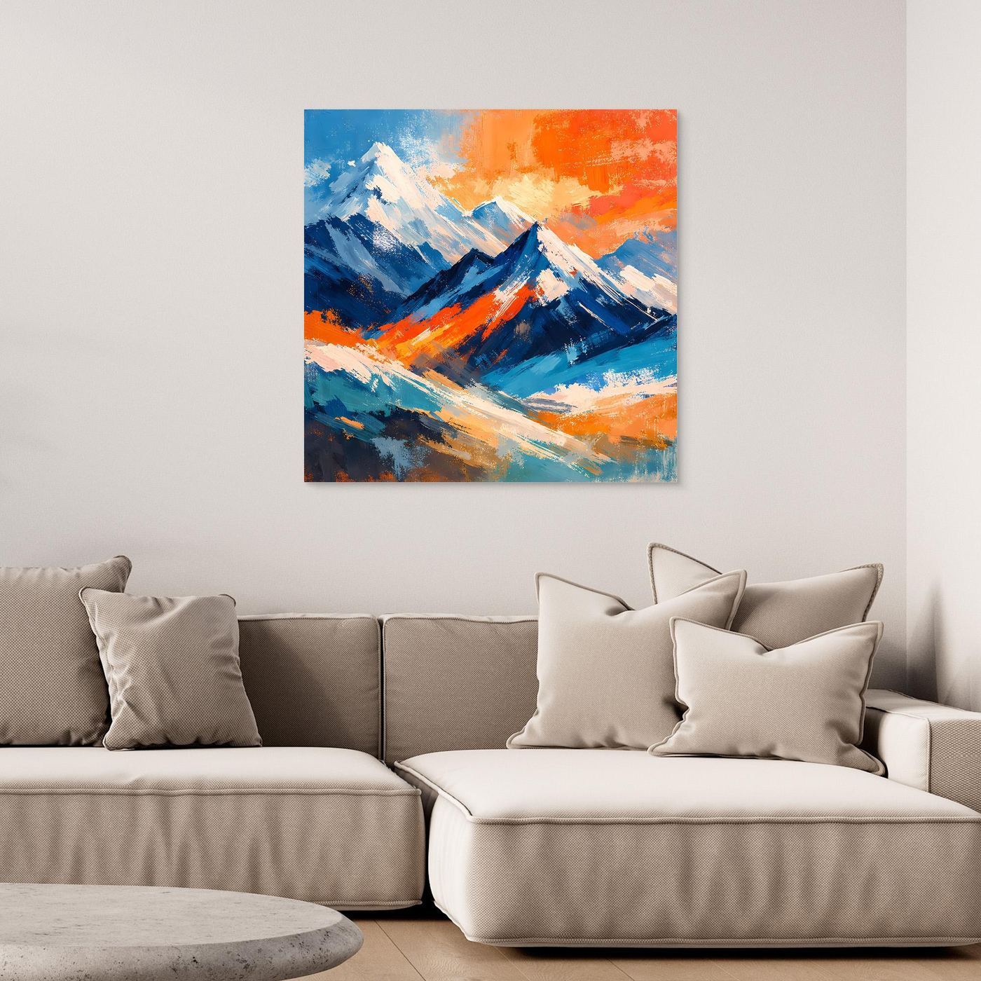 Abstraktes Leinwand-Berggemälde ohne Rahmen in Blau, Orange und Weiß