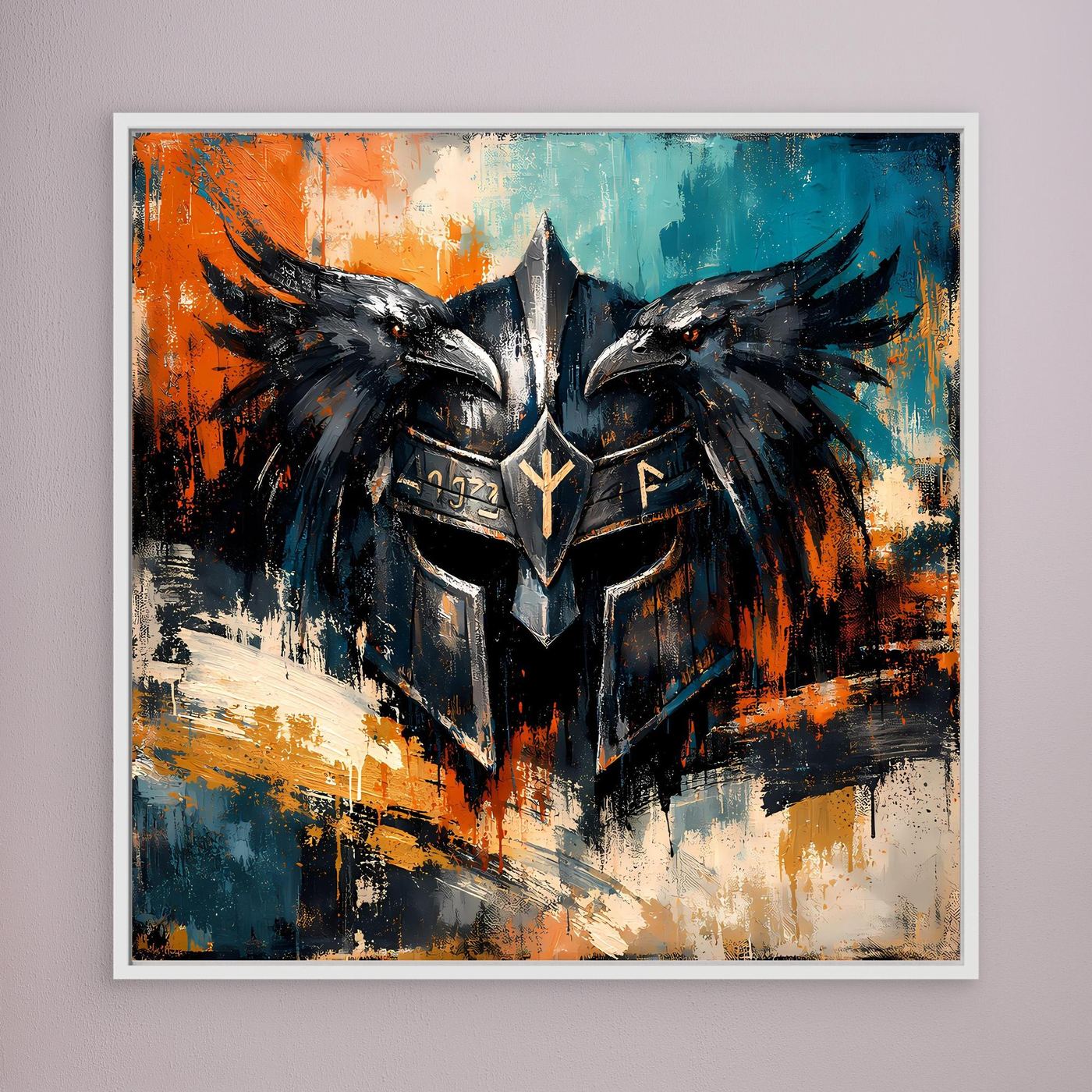 Wandbild mit schwarzem Odins-Helm und Raben, weißer Rahmen