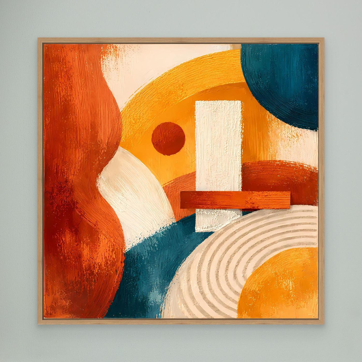Geometrisches Abstrakt-Leinwandbild mit hellem Holzrahmen, Terrakotta, Blau und Gelb