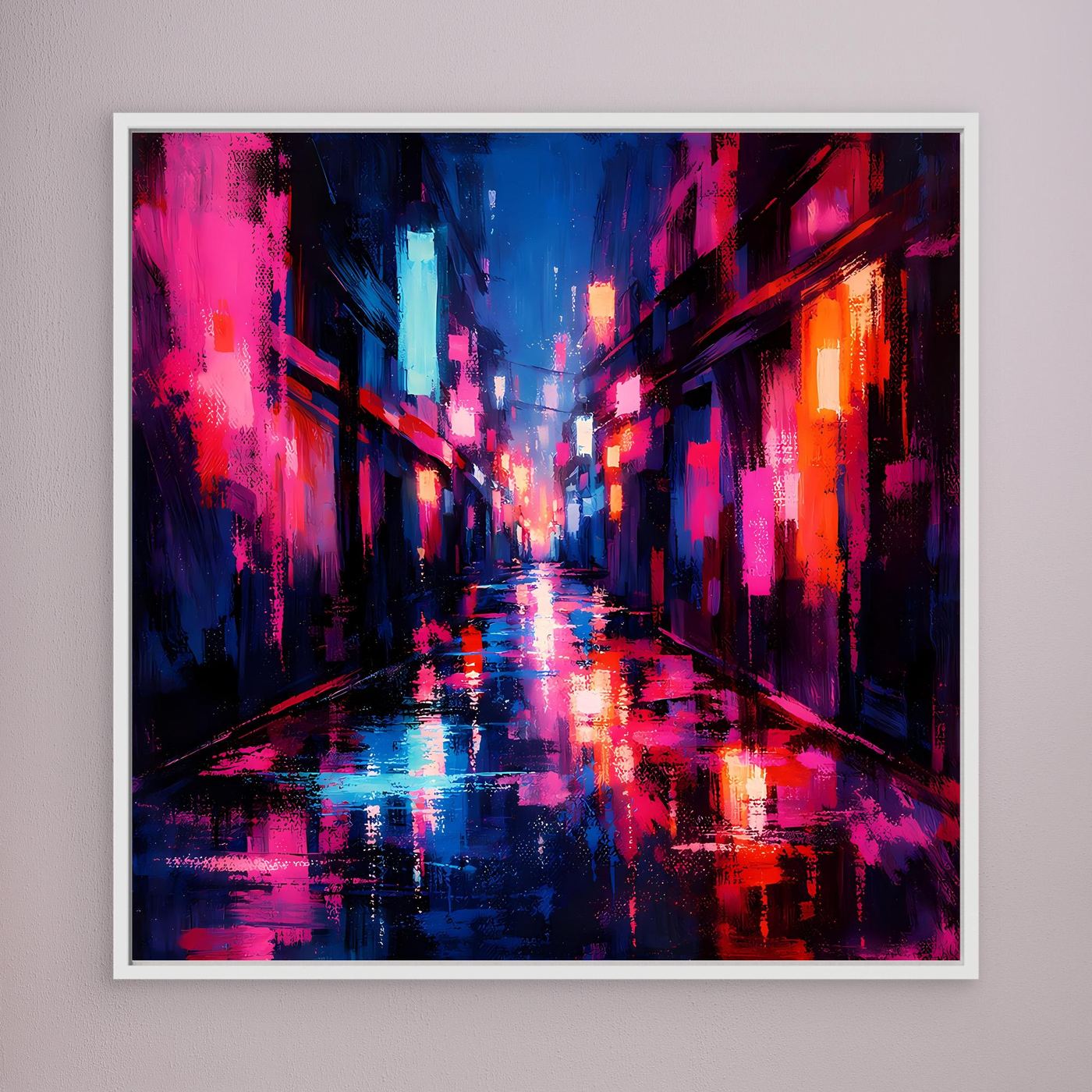 Leinwand Cyberpunk Nachtgasse im Regen | Modernes Neon Wandbild
