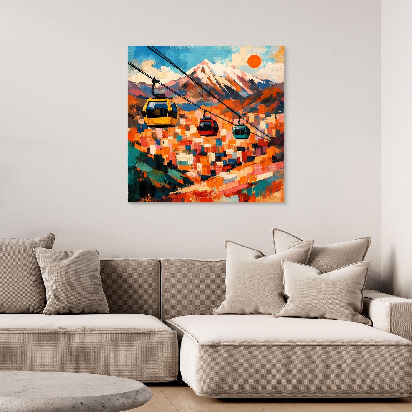 Abstraktes Wandbild mit Seilbahn und Berglandschaft in bunten Farbfeldern, dunkler Rand