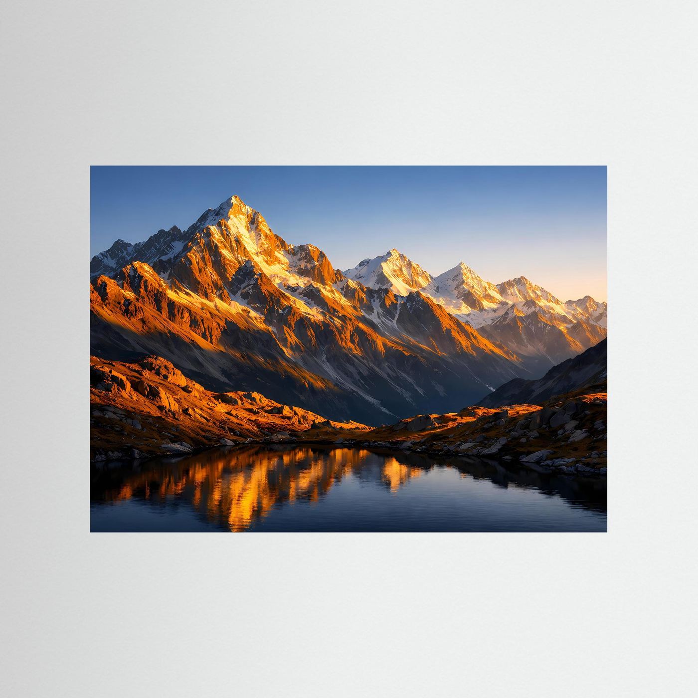 Horizontales Poster mit Bergpanorama, goldenem Licht und Spiegelung im Bergsee