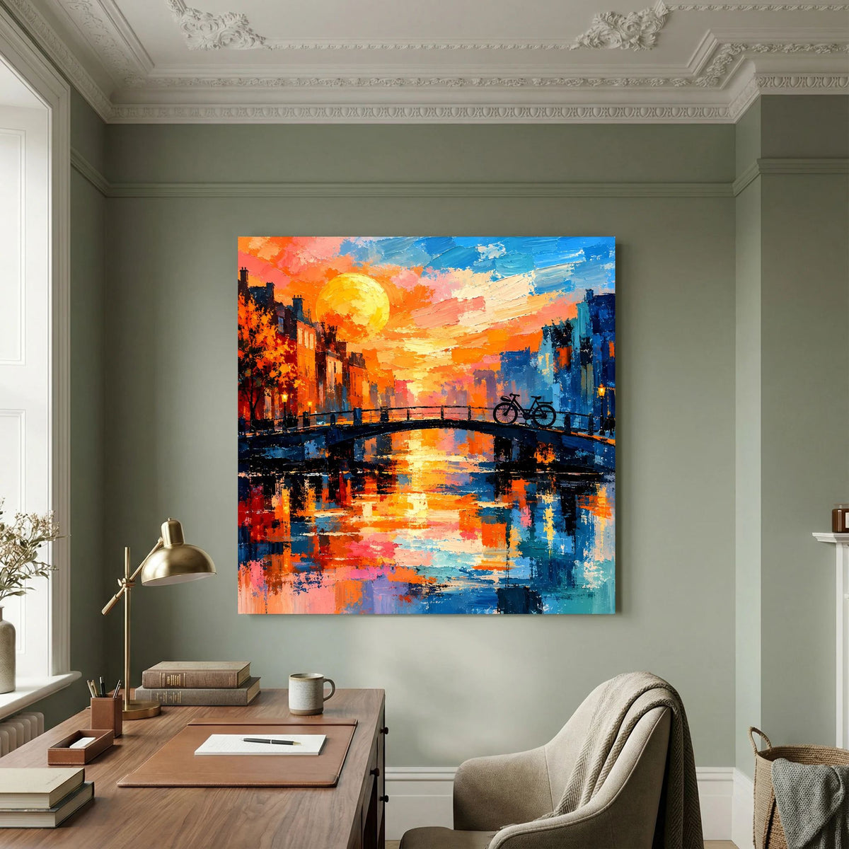 Leinwand Abstraktes Amsterdam Gemälde | Modernes Romantisches Grachten Wandbild mit Fahrrad