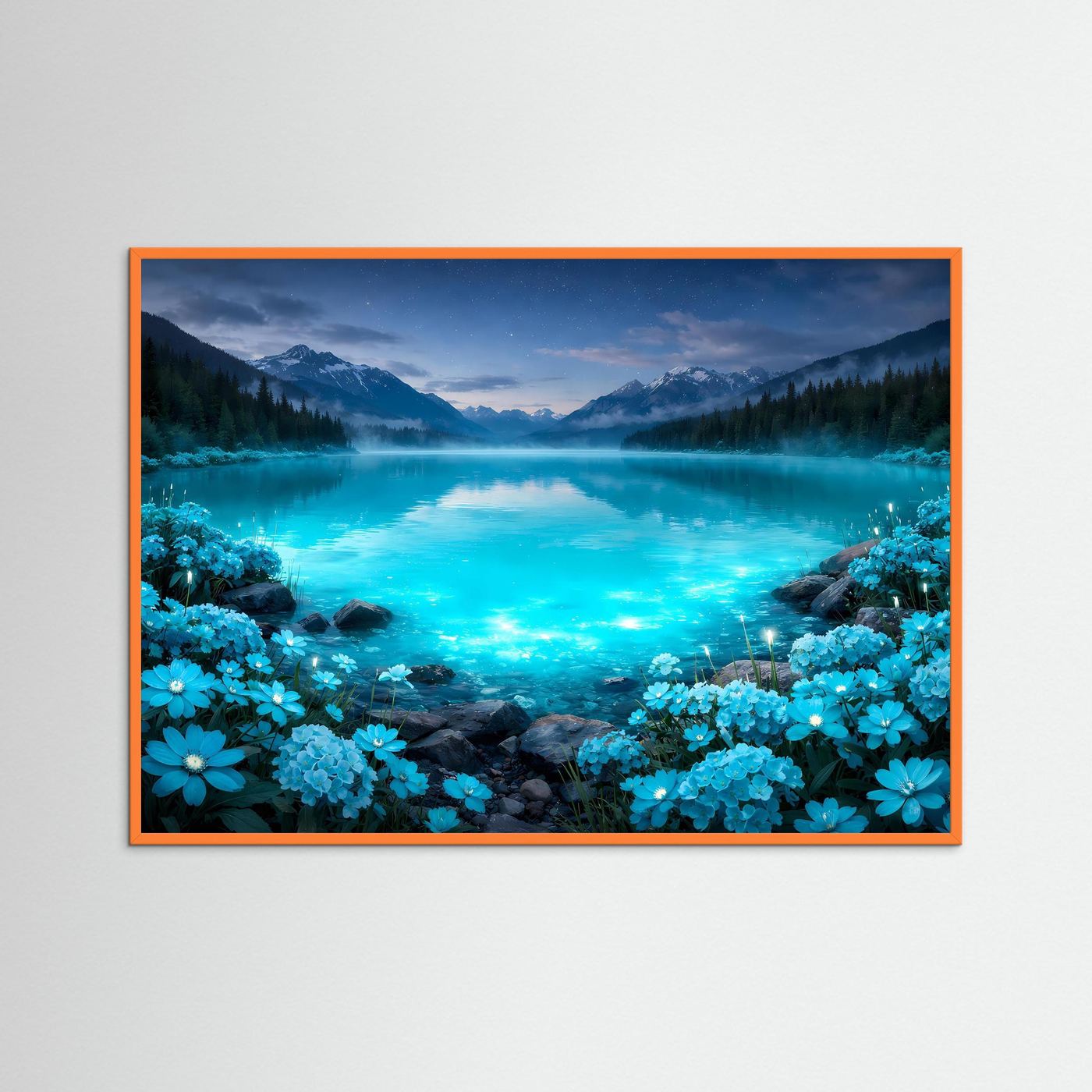 Wandbild: türkis leuchtender Bergsee mit blauen Bergen, blaue Blumen, orange Rahmen