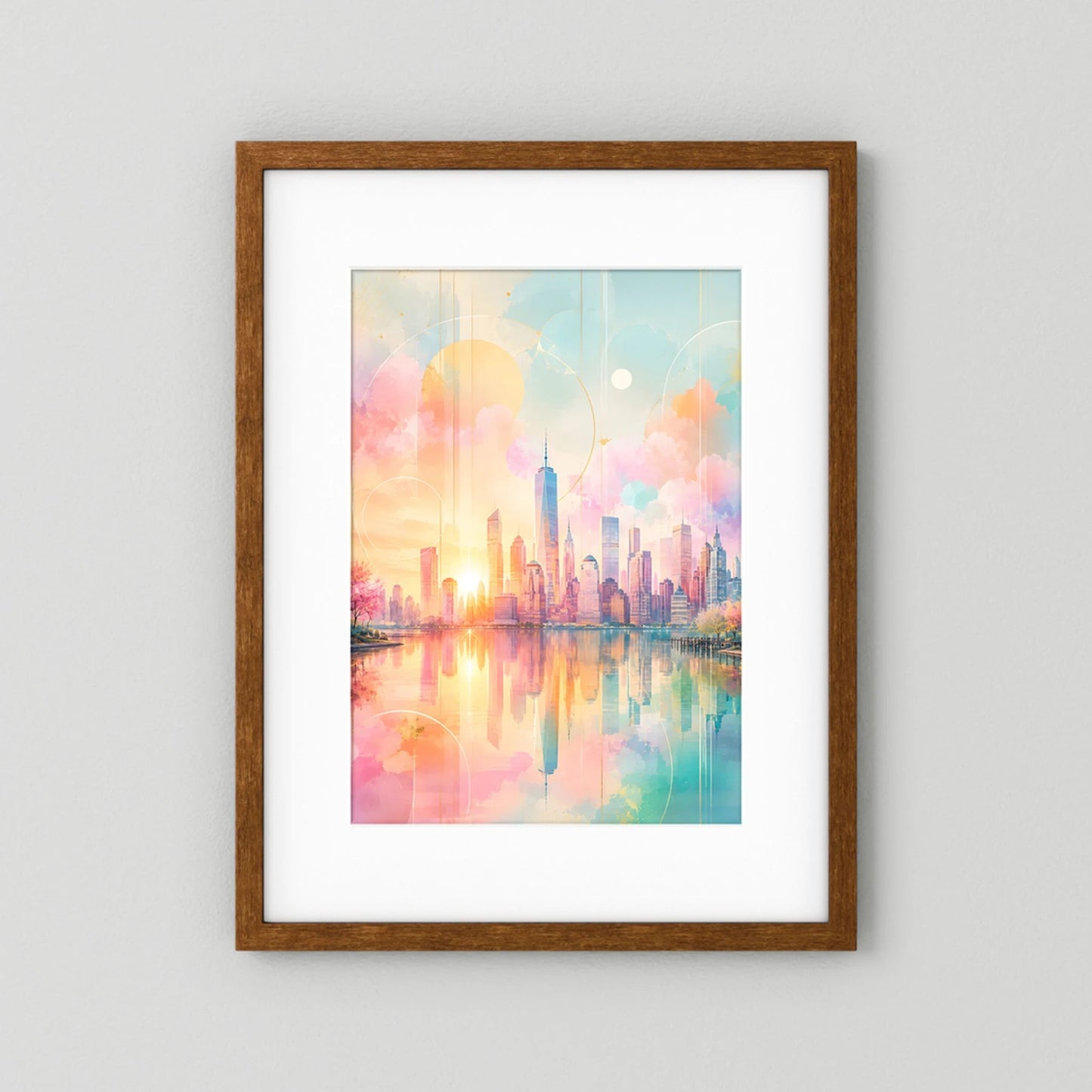 Hochformatiges Kunstposter, abstrakte Skyline in Pastellrosa/Türkis, brauner Holzrahmen