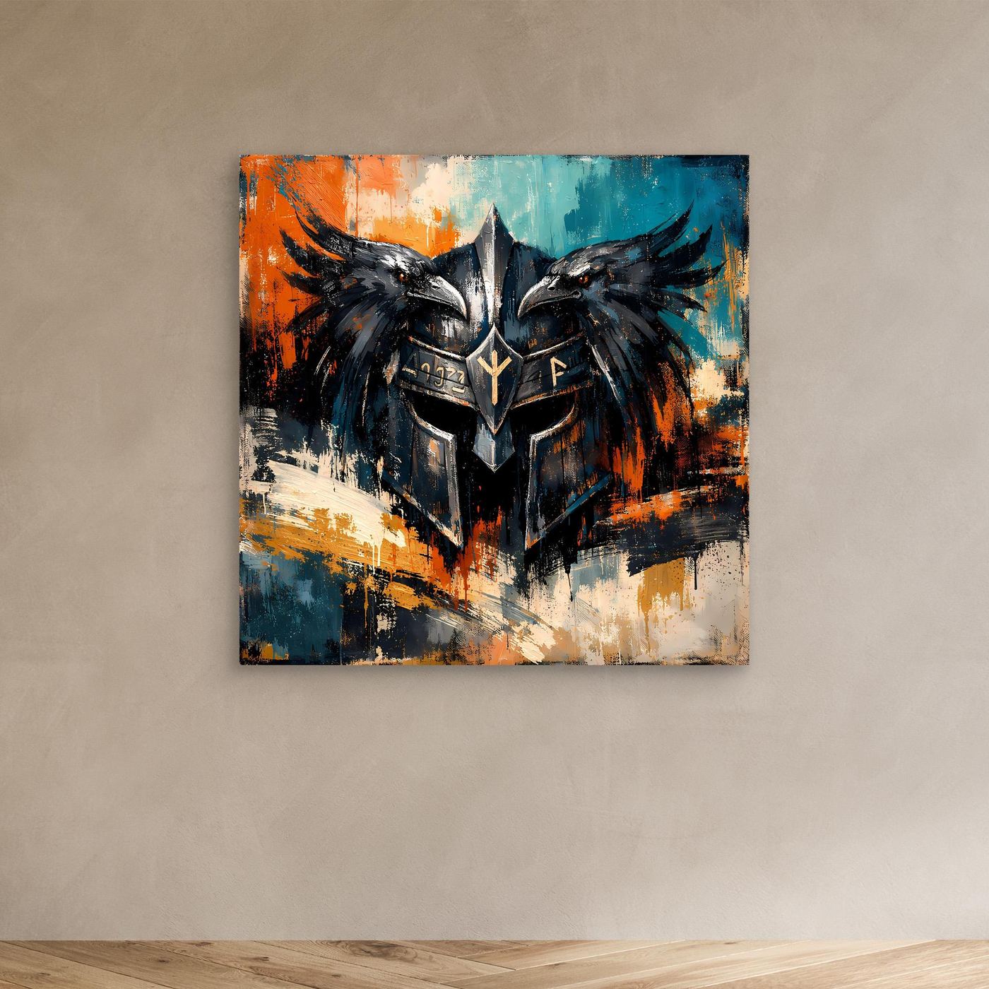 Wikinger-Wandbild mit Odin-Helm und zwei Raben, abstraktes Design in Blau, Orange und Grau