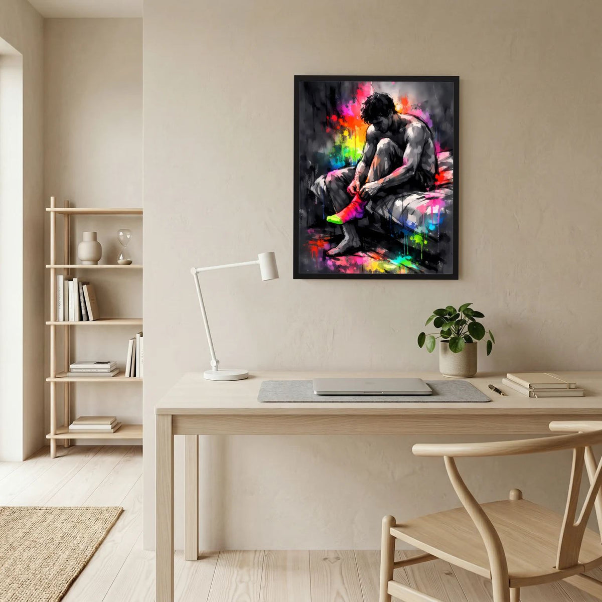 Neon-Wandposter im schwarzen Rahmen: Sportler beim Socken anziehen, farbige Spritzer