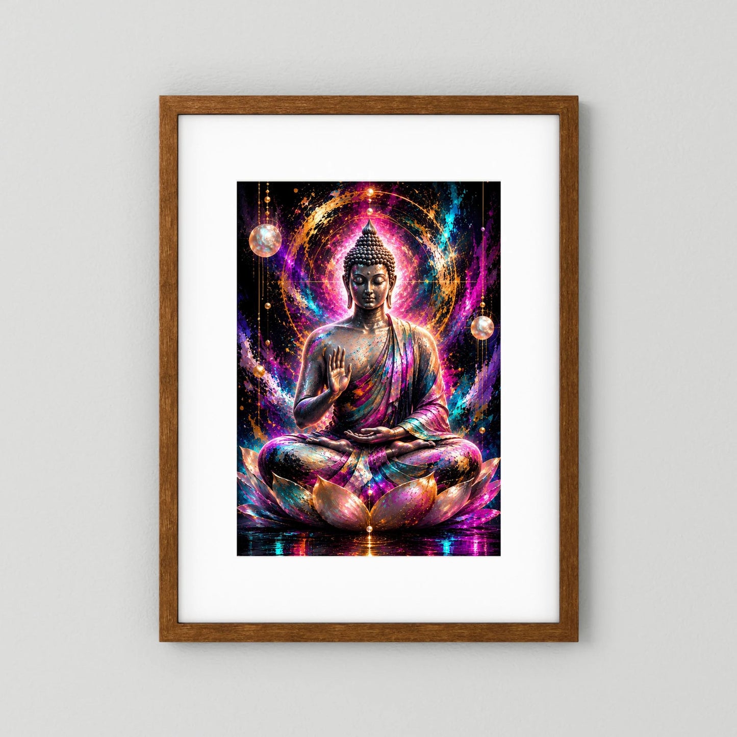 Neon-Buddha-Poster: Buddha im Lotussitz mit Mandala-Licht, naturfarbener Holzrahmen