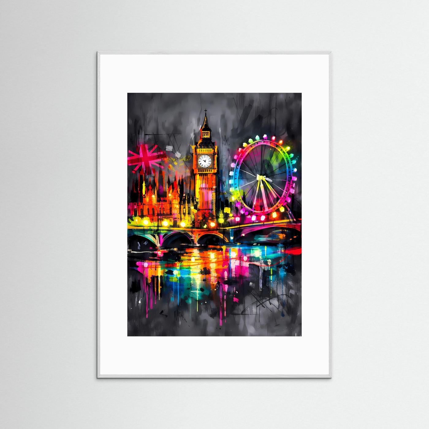 Die Lichter der Themse | Neon London Poster mit Big Ben & London Eye | Abstraktes Skyline Kunstposter Hochformat