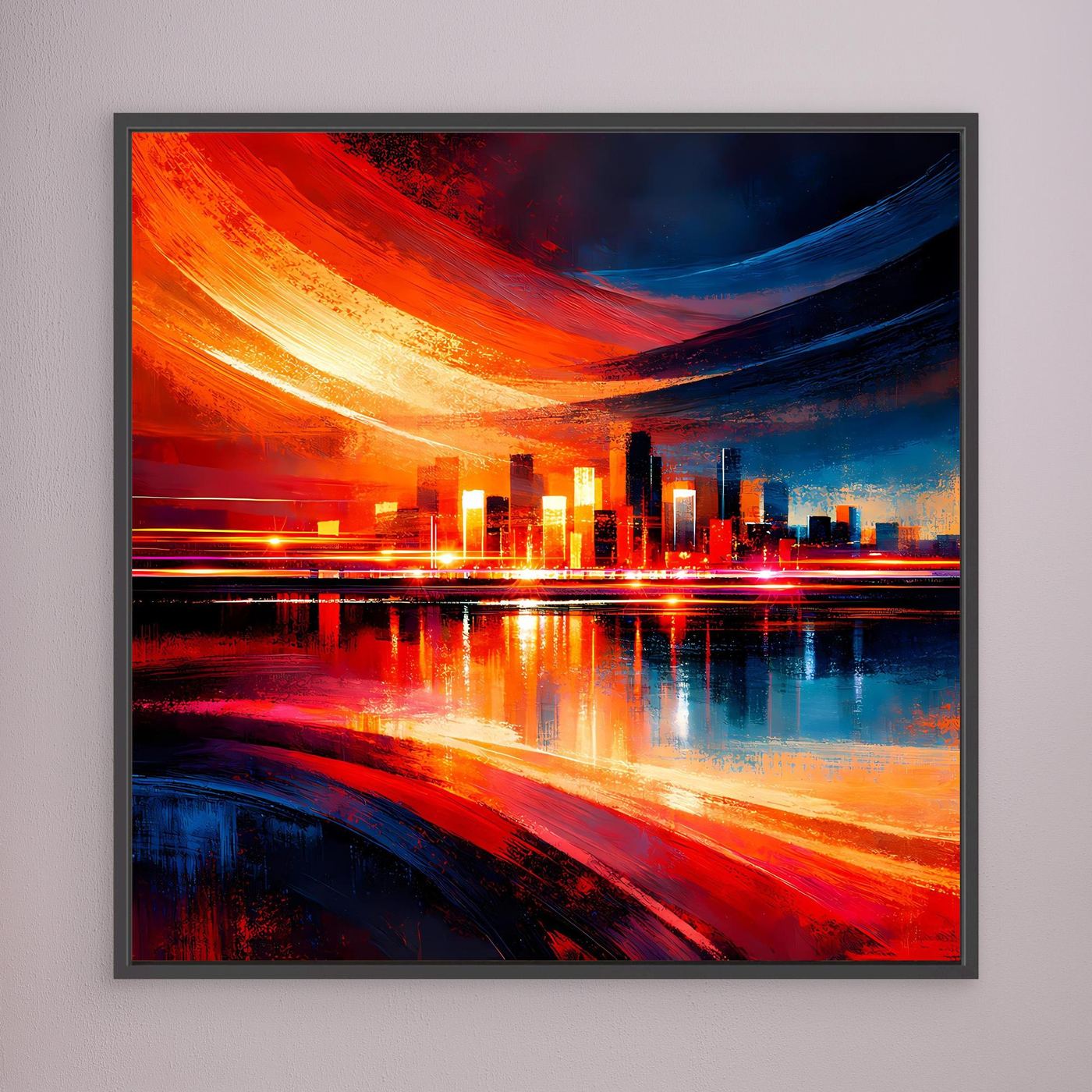 Leinwandbild mit abstrakter Skyline, rote und blaue Lichtspuren, schwarzer Rahmen