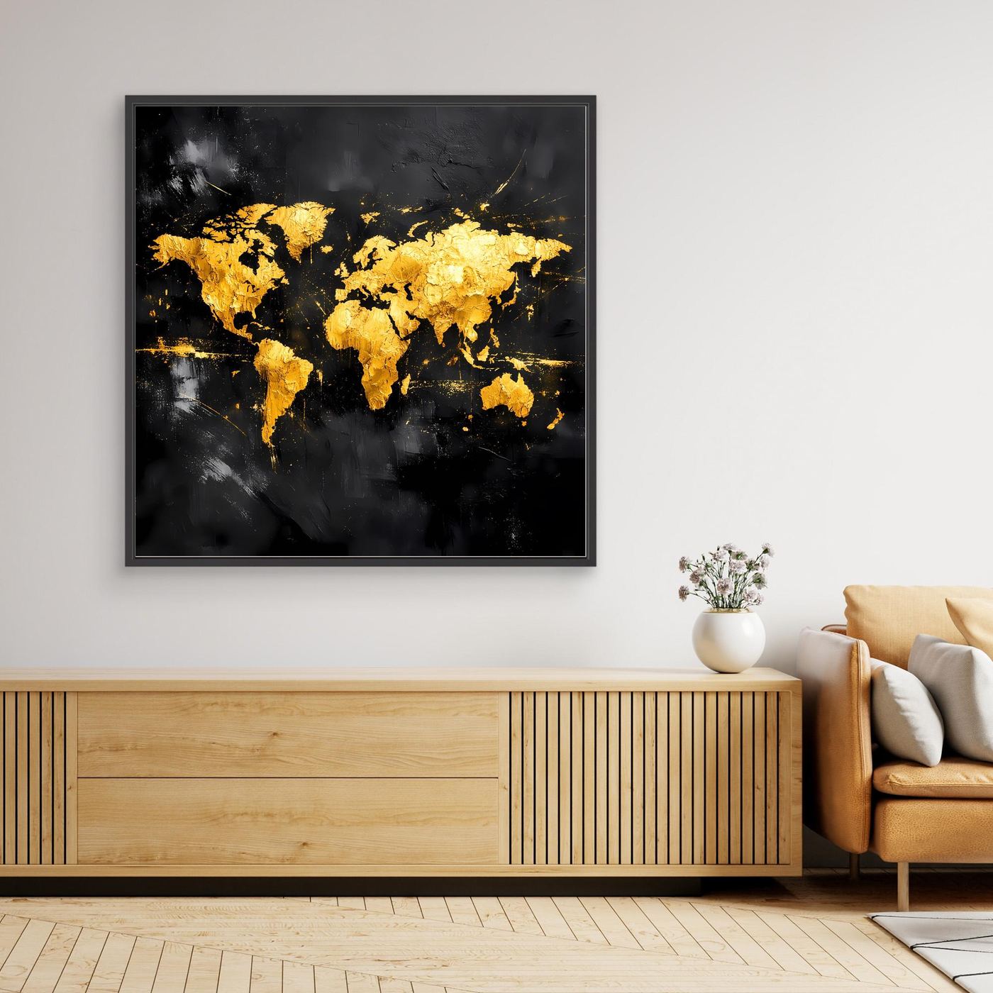 Leinwand Elegante Weltkarte in Gold & Schwarz | Modernes Abstraktes Kontinenten Wandbild