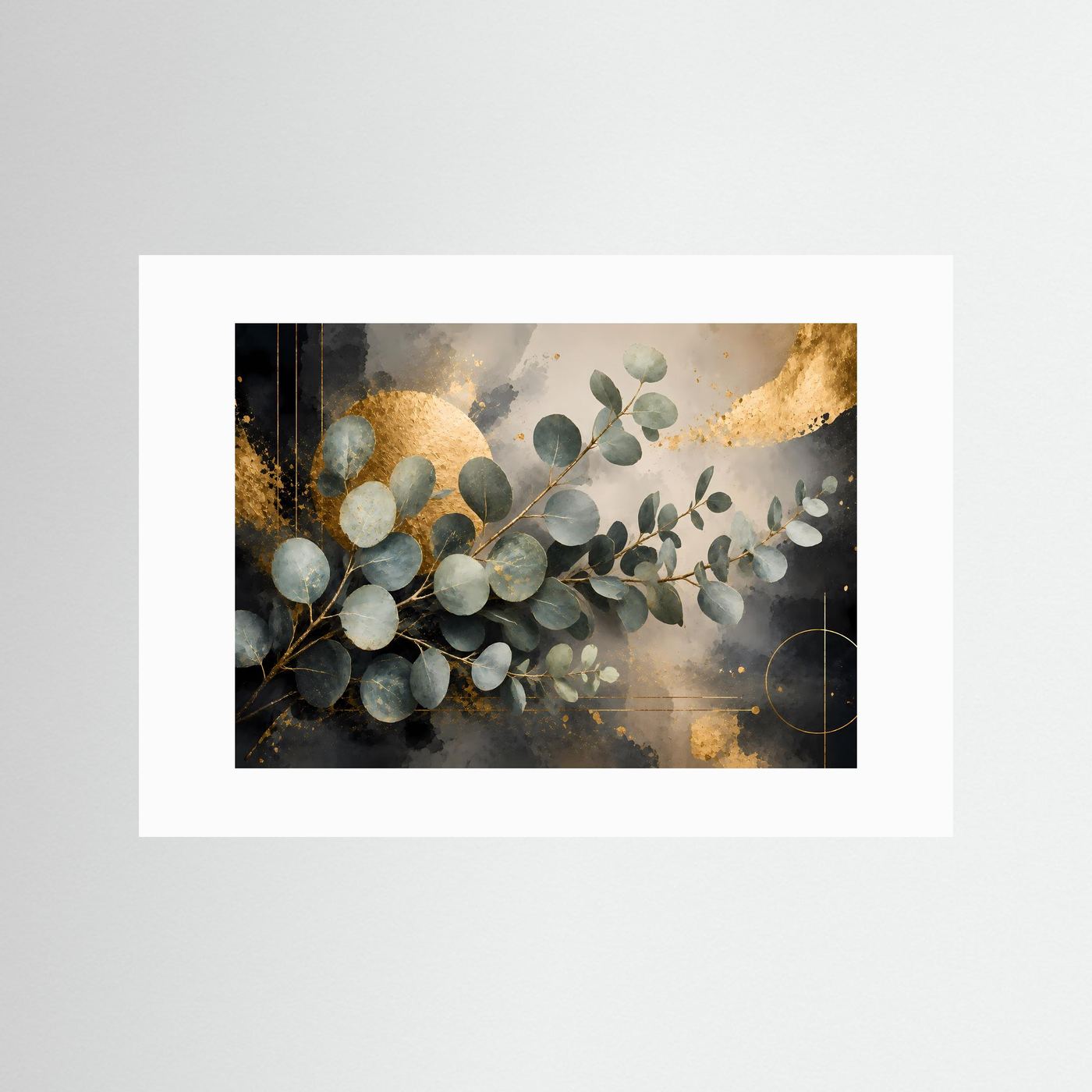 Eukalyptus-Botanikposter im Querformat mit weißem Passepartout, schwarz-gold