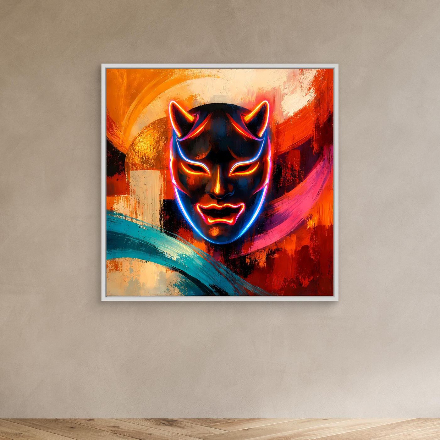 Leinwandbild mit Neon-Oni-Maske, leuchtende Details am Gesicht, orange-pinke Farbwirbel, Rahmen