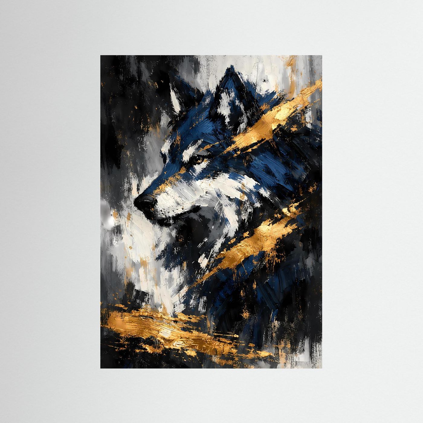 Wolfskunstposter mit abstraktem Tierporträt in Blau, Schwarz und Gold, ohne Rahmen