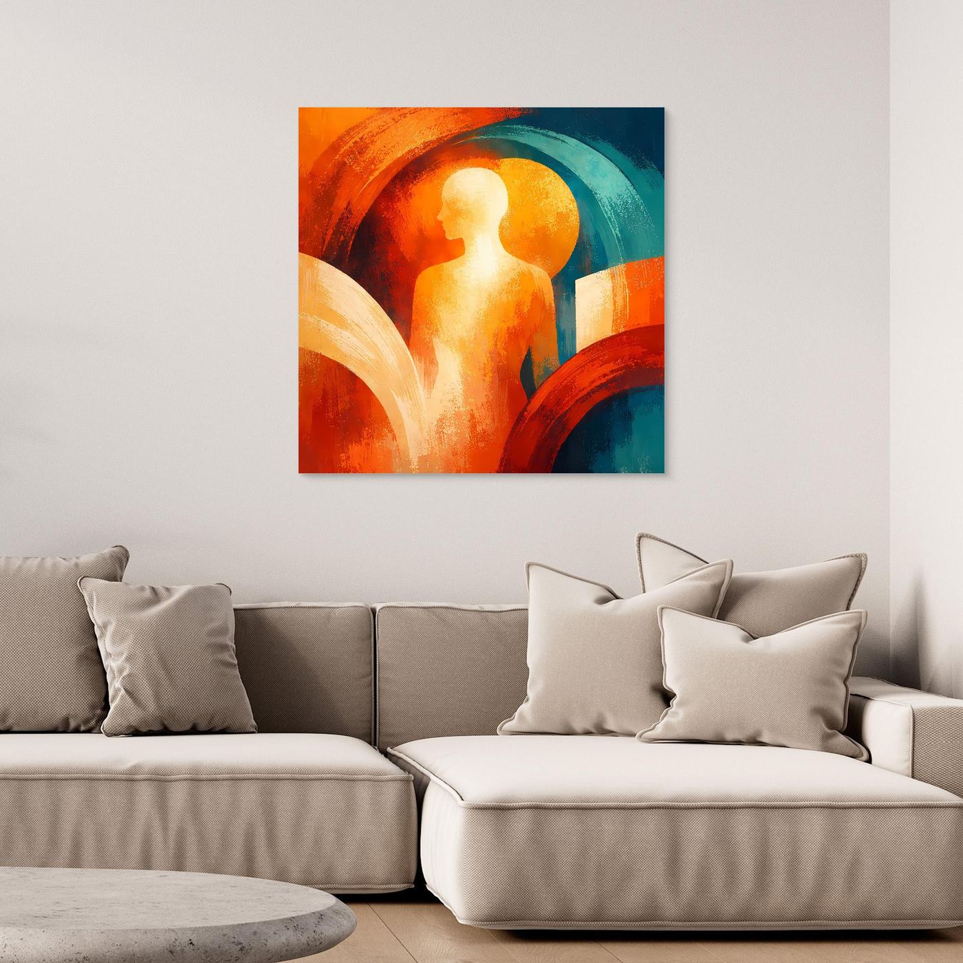 Abstraktes Wandbild mit Silhouette vor orange-blauem Kreis und Bogenlinien in warmen Farbtönen