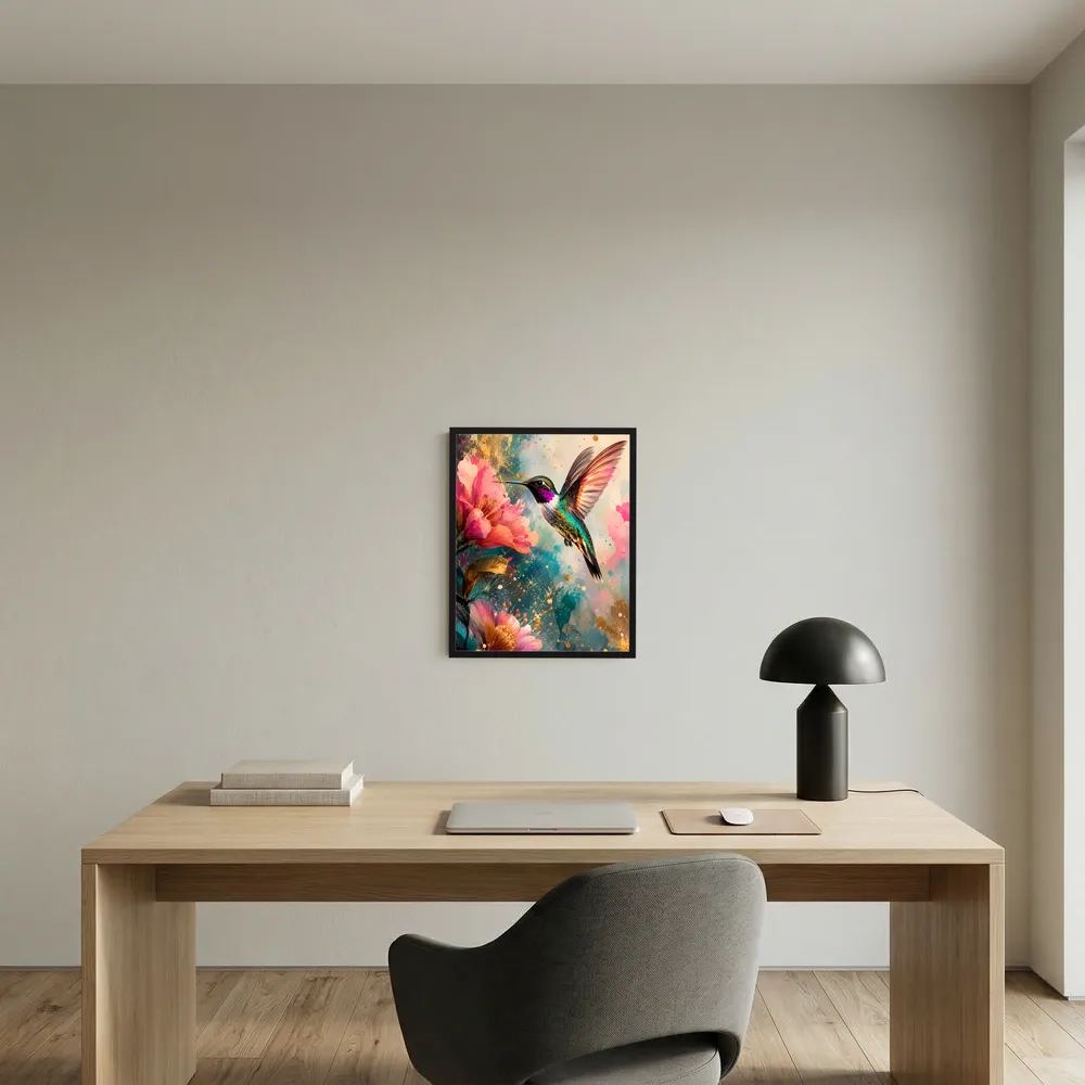 Hochformatiges Kunstposter mit Kolibri in Türkis, Pink und Goldakzenten im Rahmen