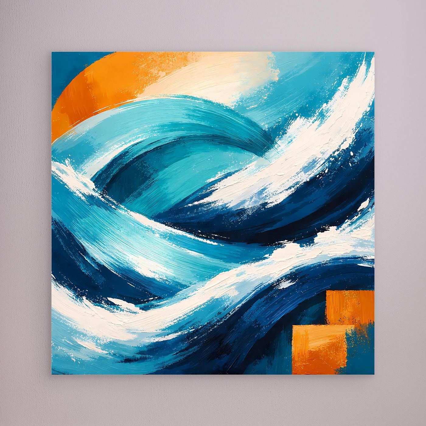Leinwandbild mit abstraktem Wellenmotiv in Blau, Türkis und Orange, ohne sichtbaren Rahmen