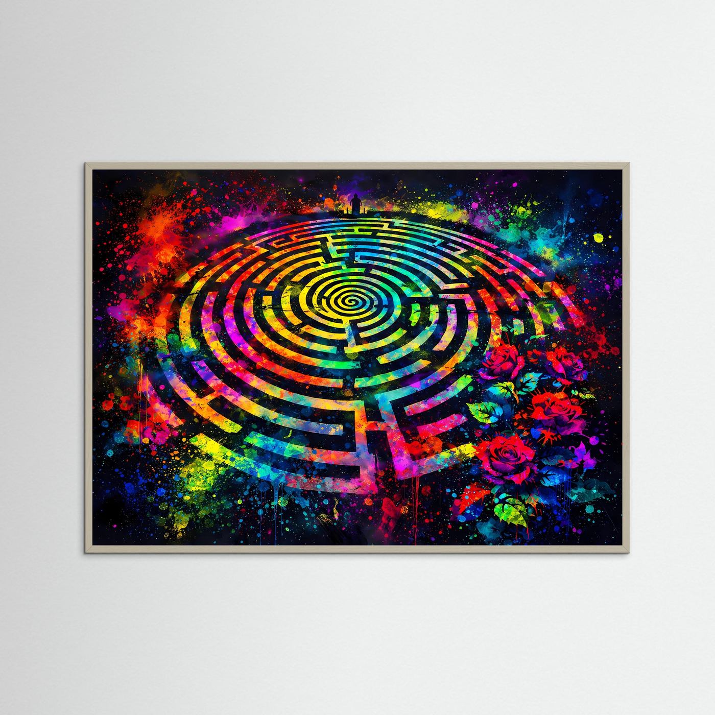 Abstraktes Kunstposter Querformat mit farbigem Labyrinth und Rosen, grauer Rahmen
