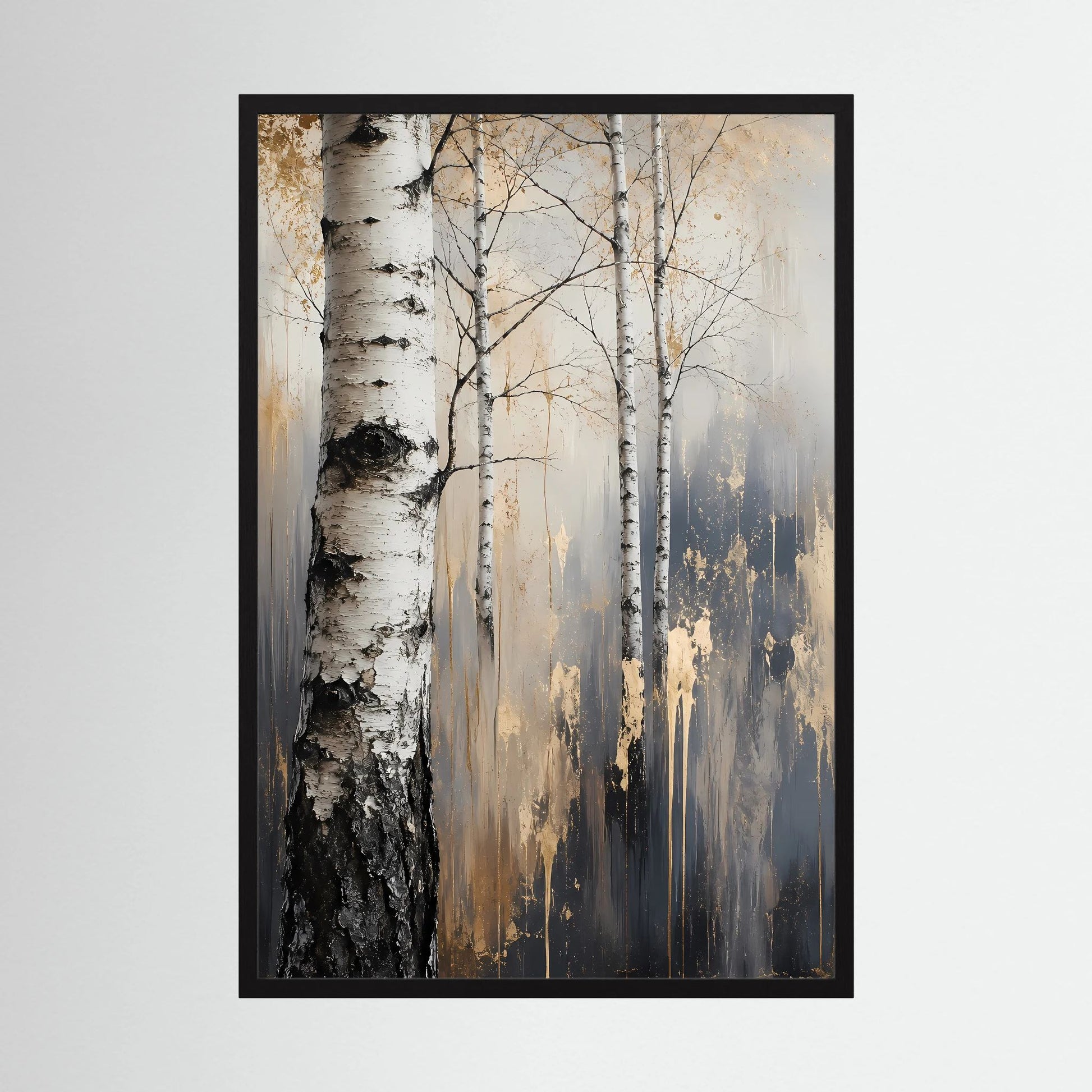 Hochformat-Poster mit Birkenwald-Motiv im schwarzen Rahmen, Weiß, Gold und Anthrazit.