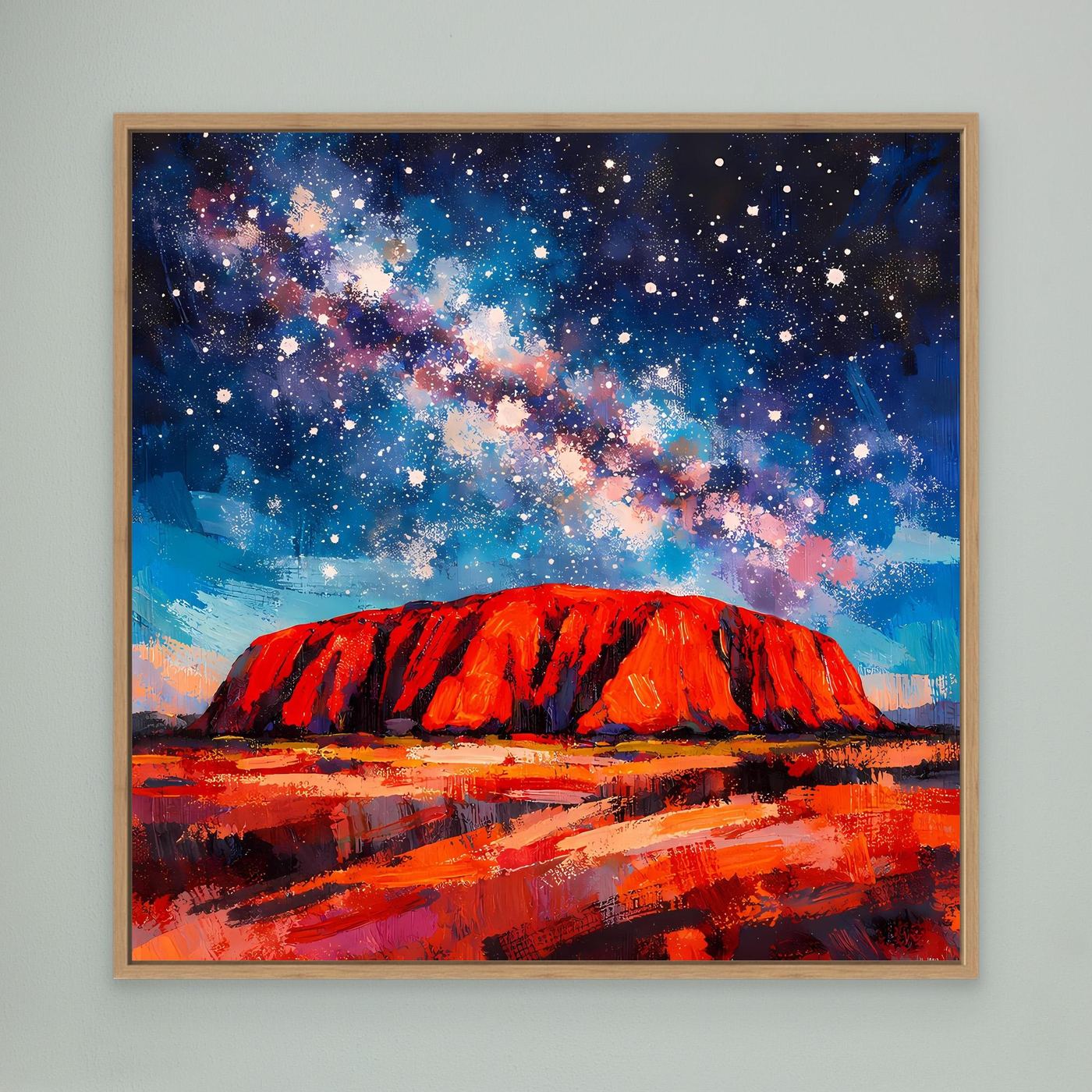 Abstraktes Wandbild auf Leinwand mit Eichenrahmen: roter Felsen unter Sternenhimmel.