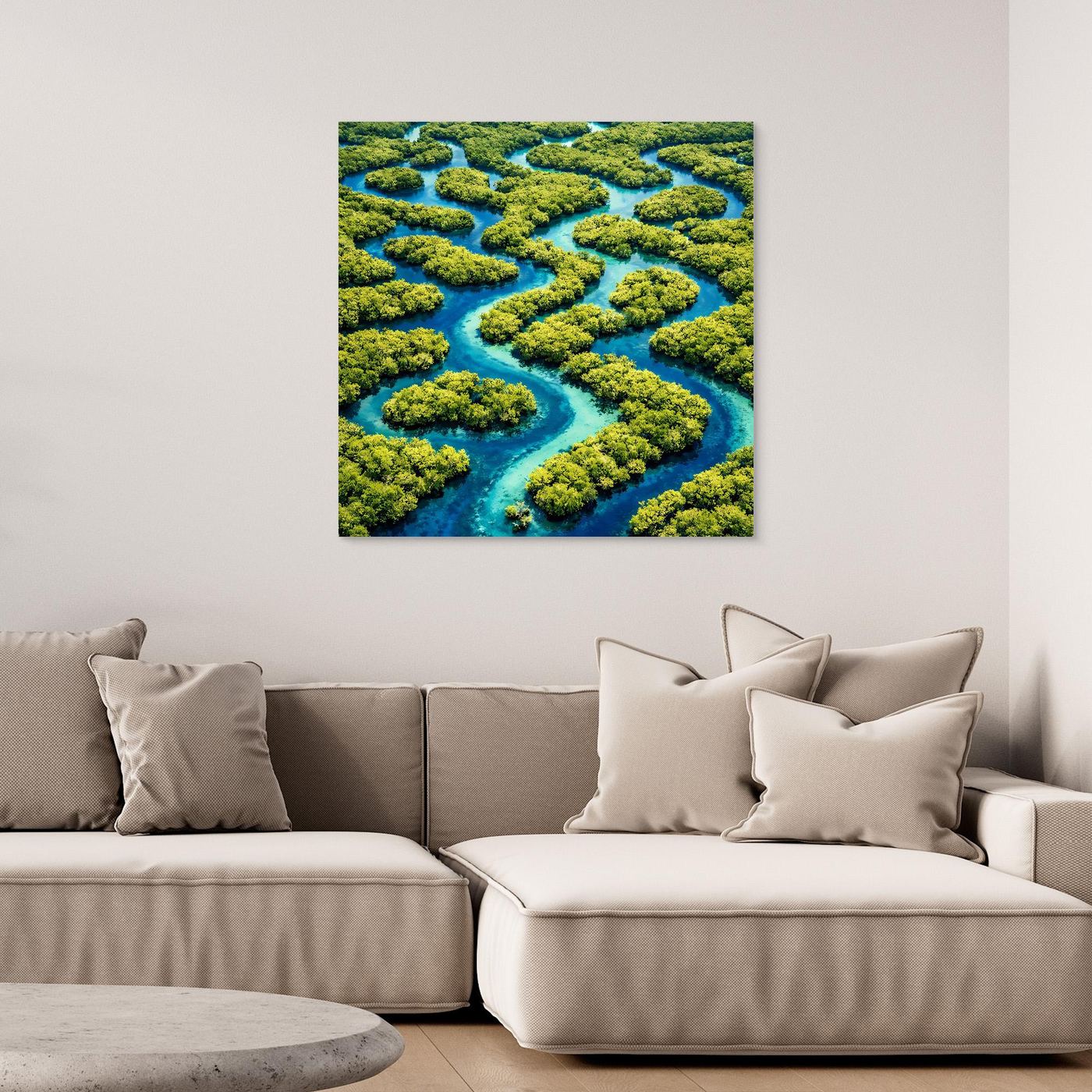 Abstraktes Leinwandbild: grünes Wasserlabyrinth mit blauen Flussarmen, ohne sichtbaren Rahmen