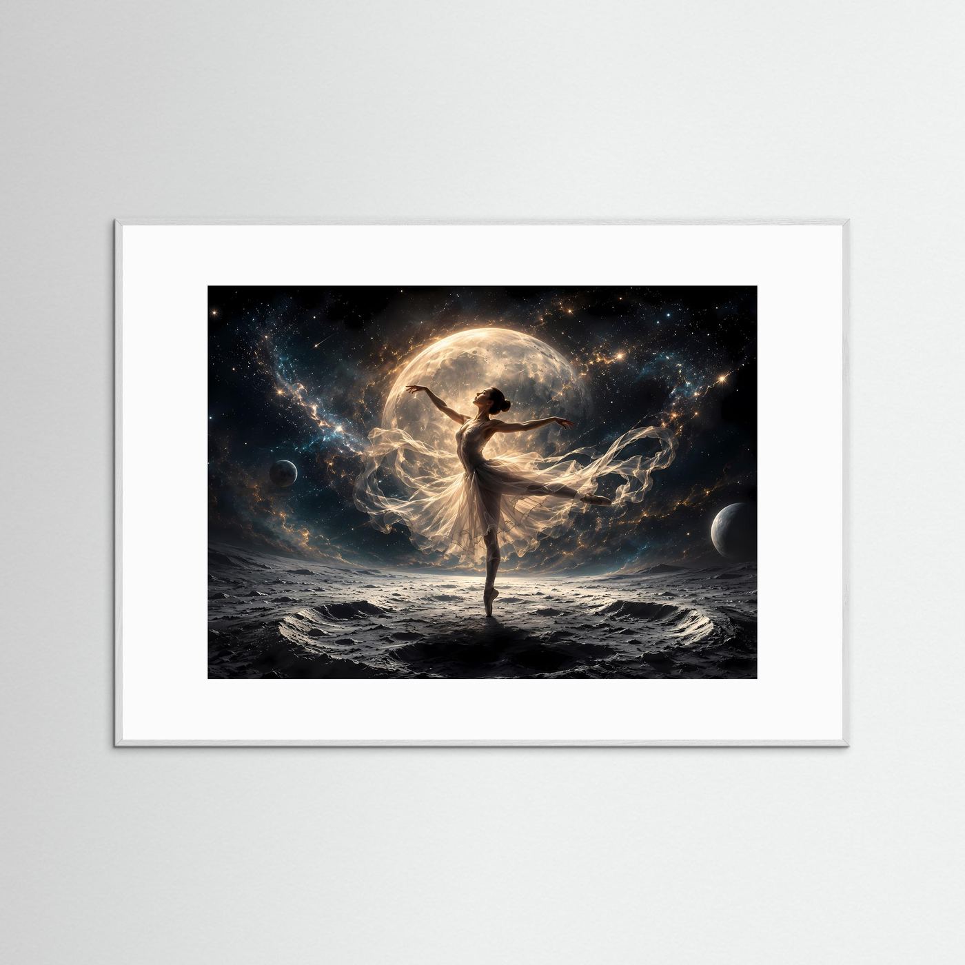 Ballerina Mond Poster | Kosmische Tanzkunst Wandbild | Moderne Fantasy Fine Art | Elegantes Universum Bild | Luxus Leinwand