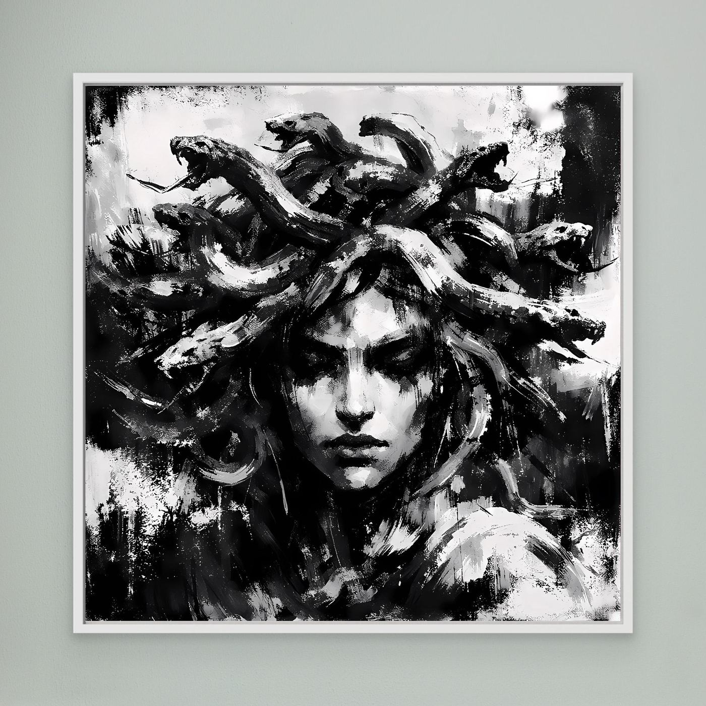Framed black-and-white abstract Medusa wall art with brush-stroke face