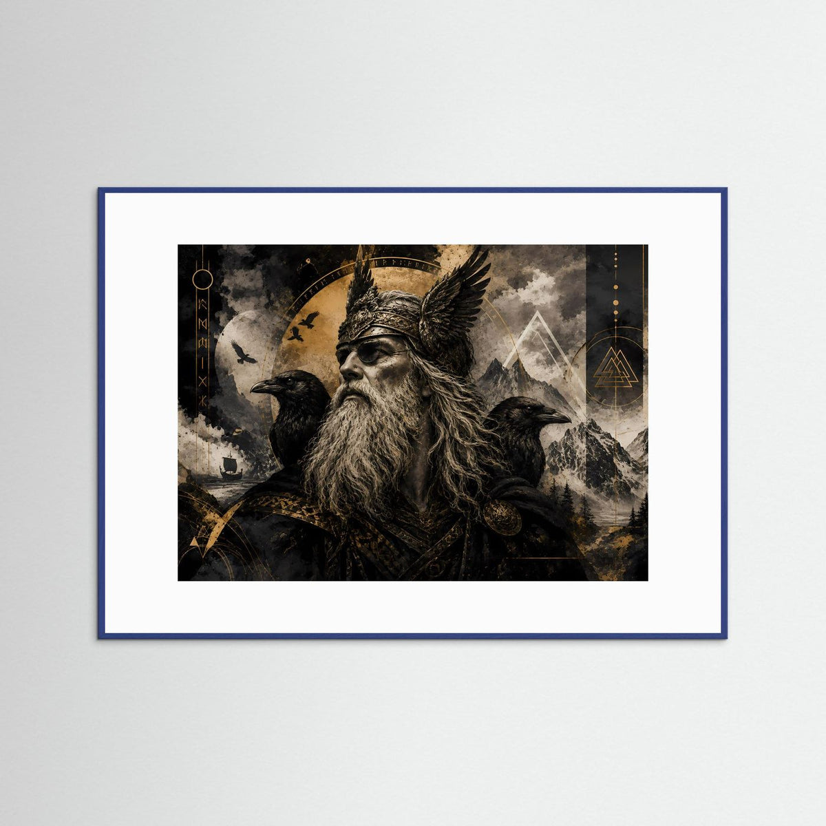Querformat-Poster mit Odin und Raben, schwarzer Motivdruck in Gold auf dunklem Bild, mit blauem Rahmen