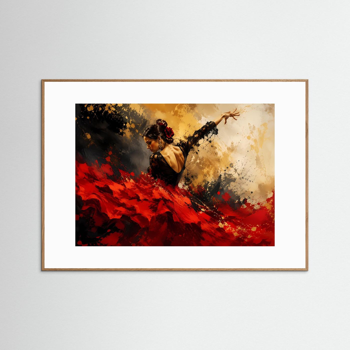 Leidenschaftliche Flamenco-Tänzerin in Rot & Gold | Modernes Abstraktes Tanz Poster Querformat