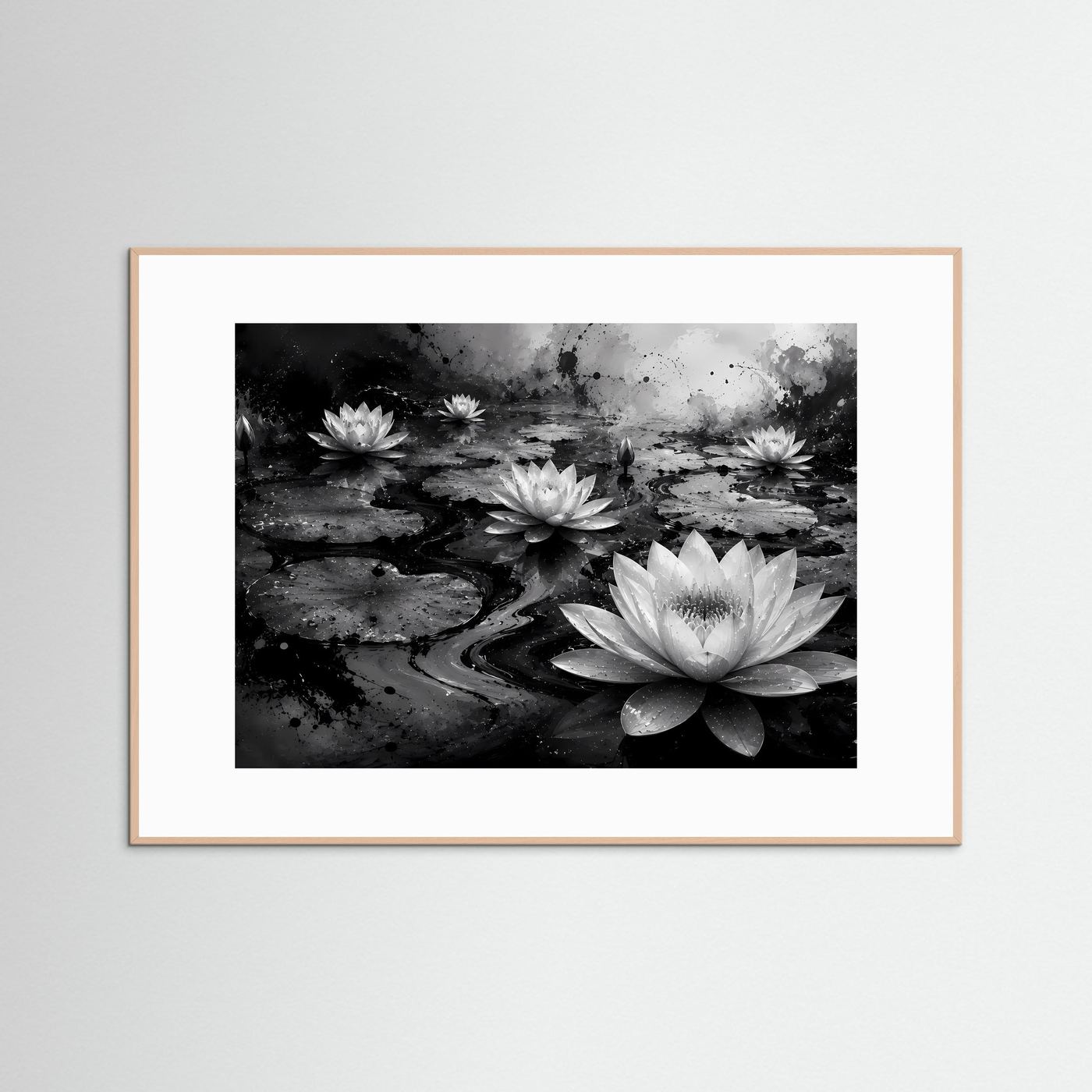 Weiße Seerosen auf schwarzem Wasser | Elegante Schwarz-Weiß Naturkunst – Moderner Lotus Teich