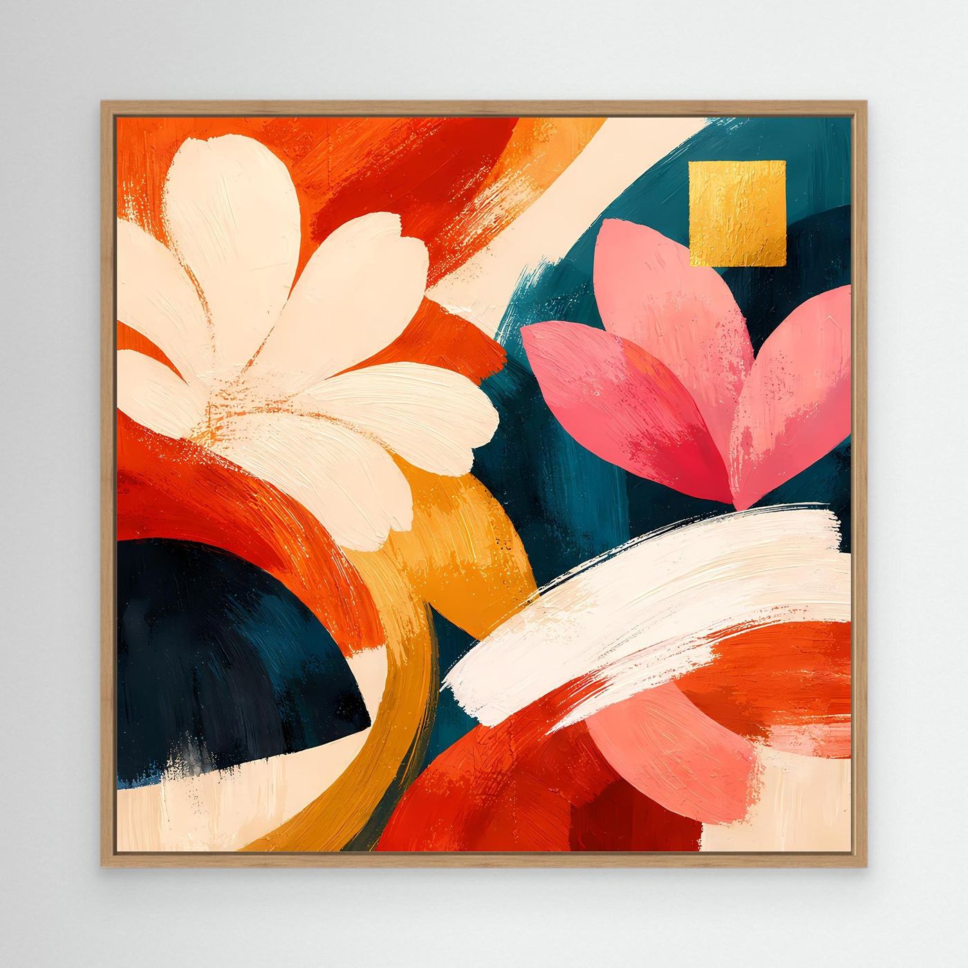 Abstraktes Leinwand-Wandbild mit weißen und rosafarbenen Blüten, im Eichenrahmen.